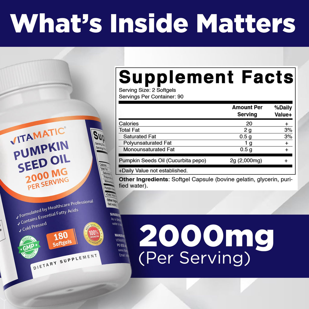 Vitamatic Pumpkin Seed Oil 2000 mg per Serving, 180 Softgels (3 Pack)