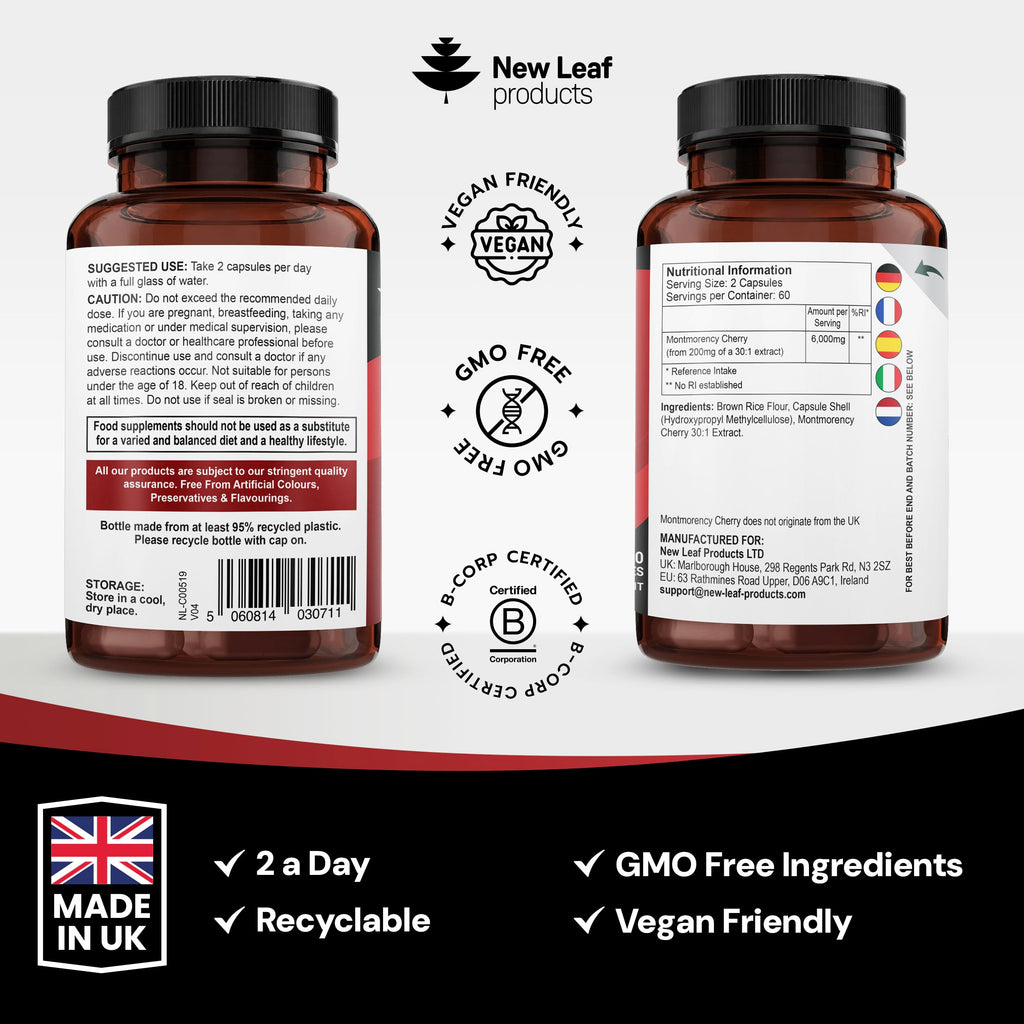 Montmorency Cherry 6000mg - 120 Capsules High Strength Concentrate - Natural Tart Cherry Vegan Supplements (not Tablets or Powder) - Non-GMO, 2 Months Supply - (2 per Serving) Made in the UK
