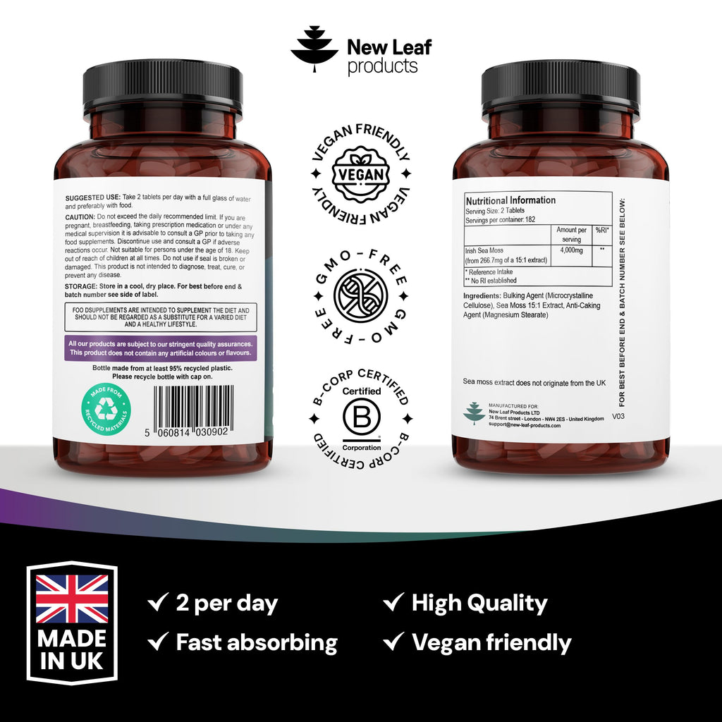 Sea Moss Tablets Extract High Strength 4000mg - Sea Moss Supplement 365 Tablets (not sea Moss Capsule) High Potency - UK Made - Vegan - Non GMO