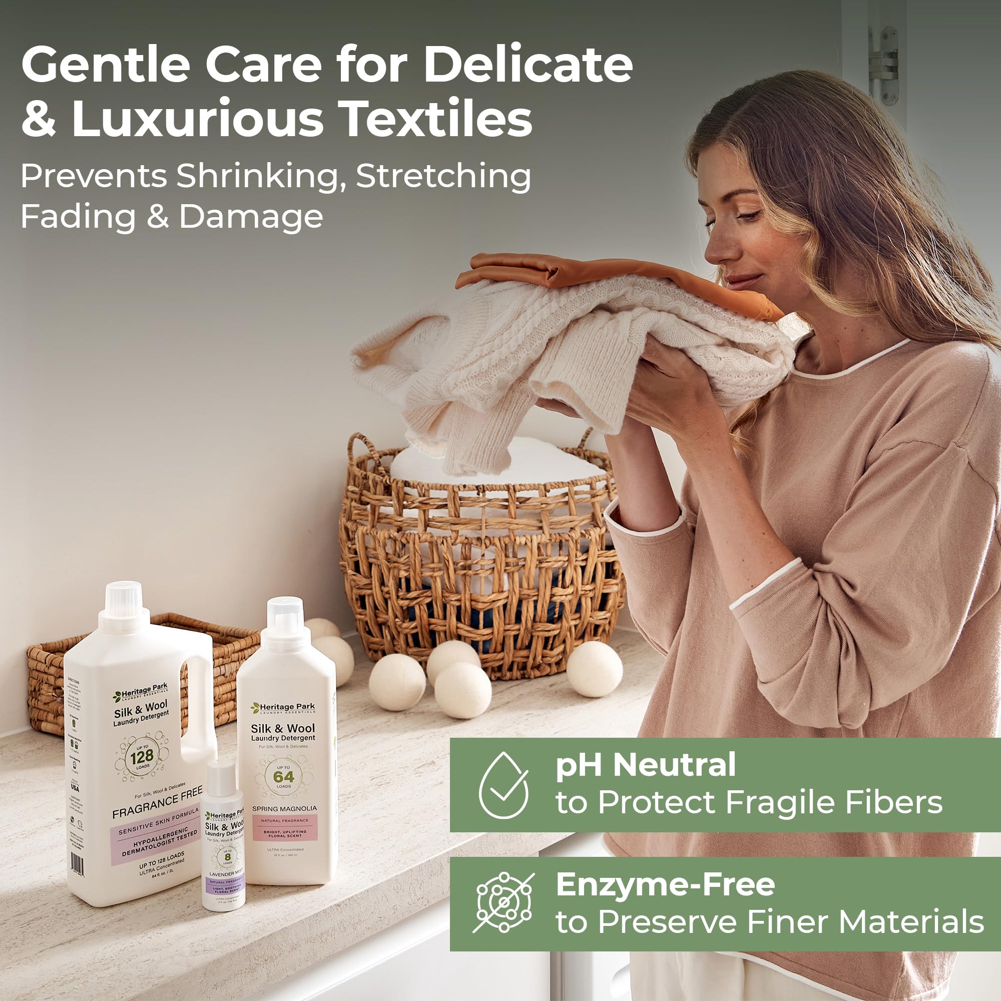 Heritage Park Silk & Wool Fragrance Free, Hypoallergenic, pH-Neutral Laundry Detergent - Dermatologist-tested, Sensitive Skin-Friendly, Enzyme-Free, Concentrated Up to 128 loads (64 fl oz)