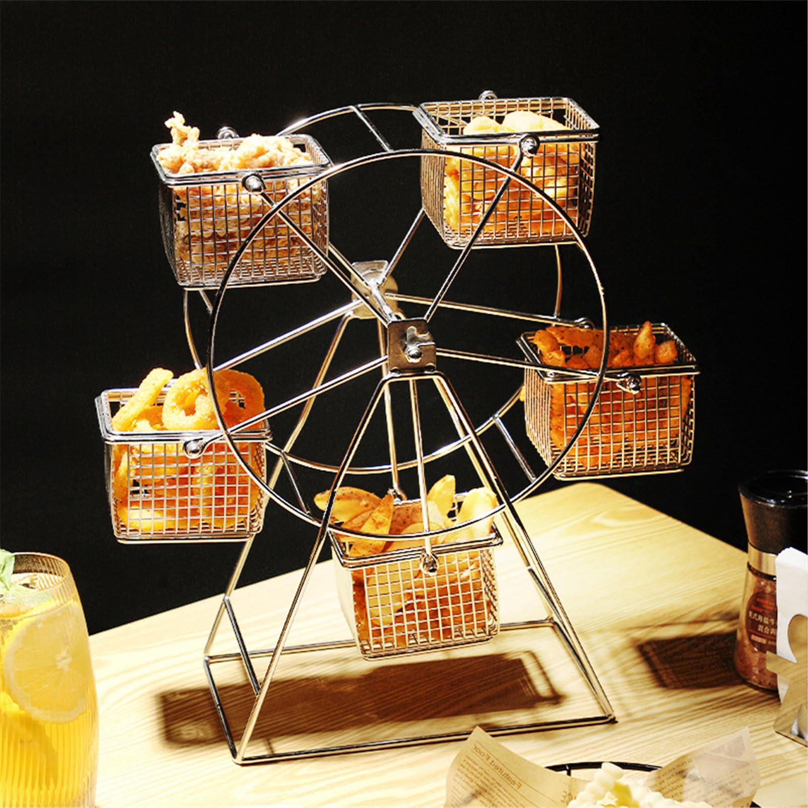 ASkinds Ferris Wheel Rotating Snack Serving Tray for French Fries, Fried Chicken, Dessert Carrier, Fried Food Display Stand for Carnival and Circus Theme Party Wedding Party Furnishing(Silvery)