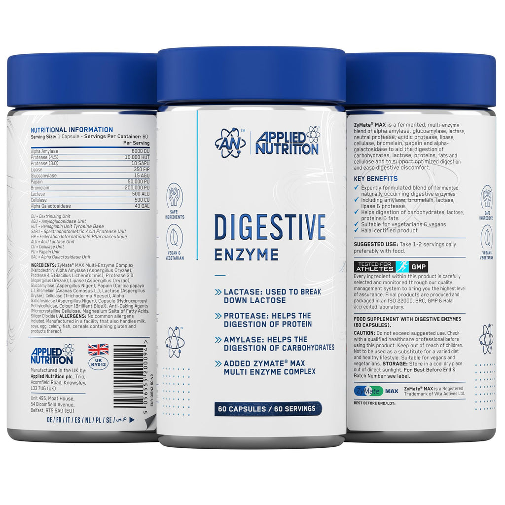 Applied Nutrition Digestive Enzyme - Vegan Digestive Enzymes Capsules, with Lactase, Protease, Amylase, Aids Digestion of Carbohydrates, Lactose, Proteins, Fats, for Flatulence Control (60 Servings)