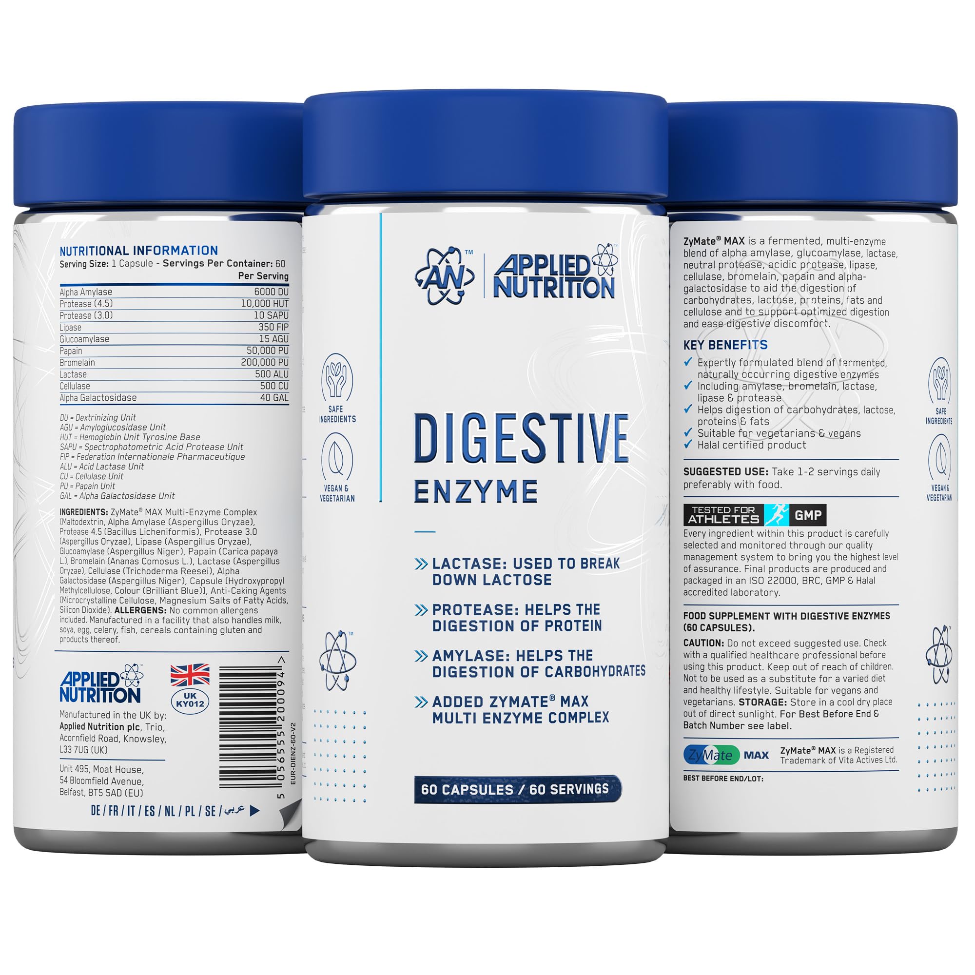Applied Nutrition Digestive Enzyme - Vegan Digestive Enzymes Capsules, with Lactase, Protease, Amylase, Aids Digestion of Carbohydrates, Lactose, Proteins, Fats, for Flatulence Control (60 Servings)