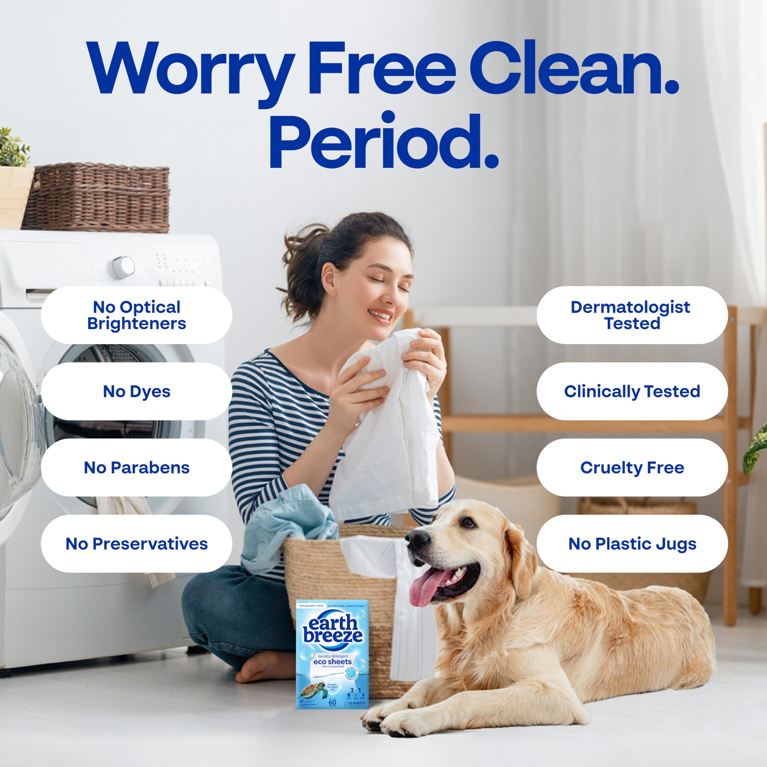 Earth Breeze Laundry Detergent Sheets Fragrance-Free - 180 Loads Eco Liquidless Soap - Travel-Friendly for Hot & Cold Cycles, Tackles Tough Stains & Odors - Gentle on Sensitive Skin, 90 Ct (3 Pack)