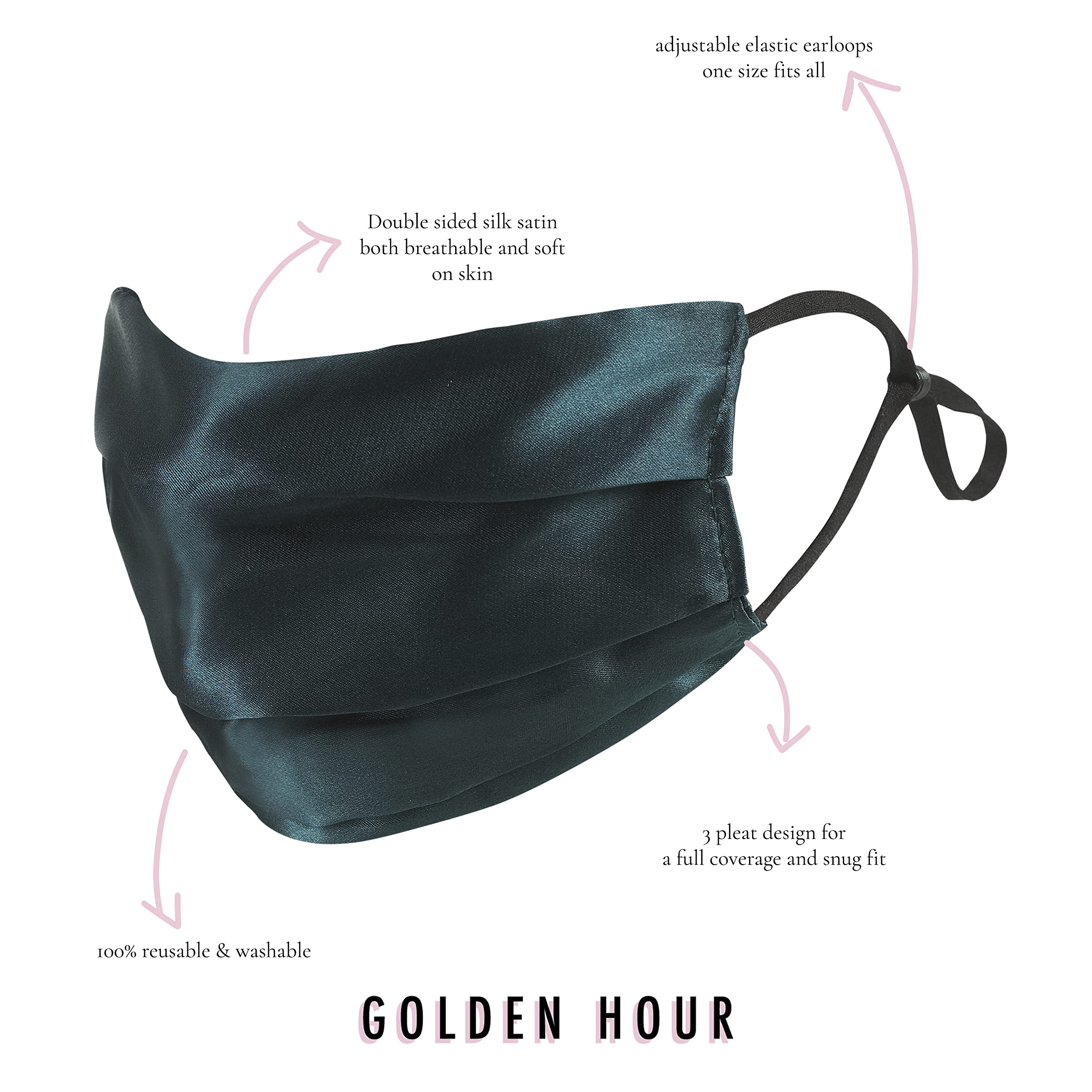 GOLDEN HOUR Silk Satin Mask | Sensitive Skin, Hypoallergenic | Adjustable Silk Mask | Washable UK (Single, Teal)