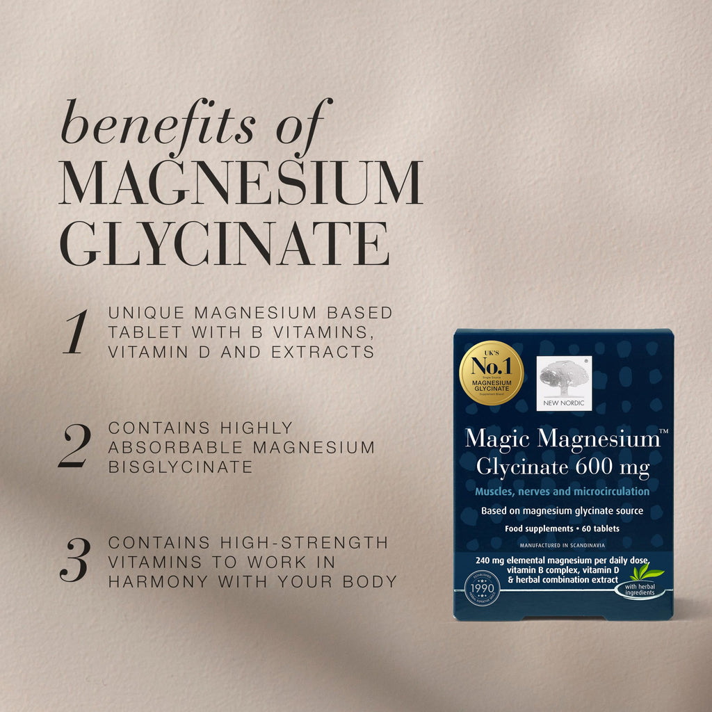 New Nordic Magnesium Glycinate 600mg Sleep Nerve & Electrolyte Balance 60ct