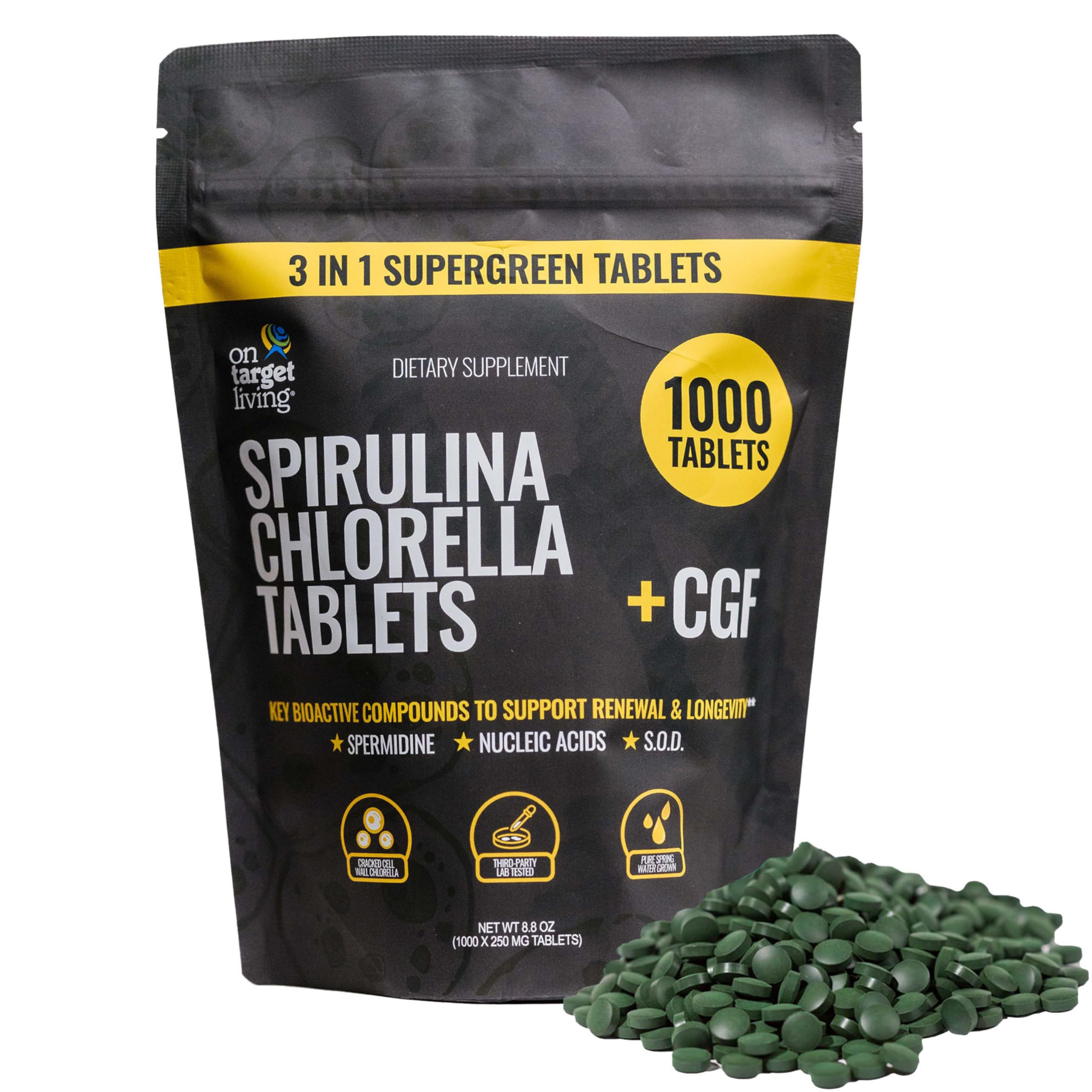 On Target Living Spirulina Chlorella + CGF | 1000 Supergreen Tablets | Vegan | High in Protein | Alkalyzing | Nutrient Dense | Energy | Recovery