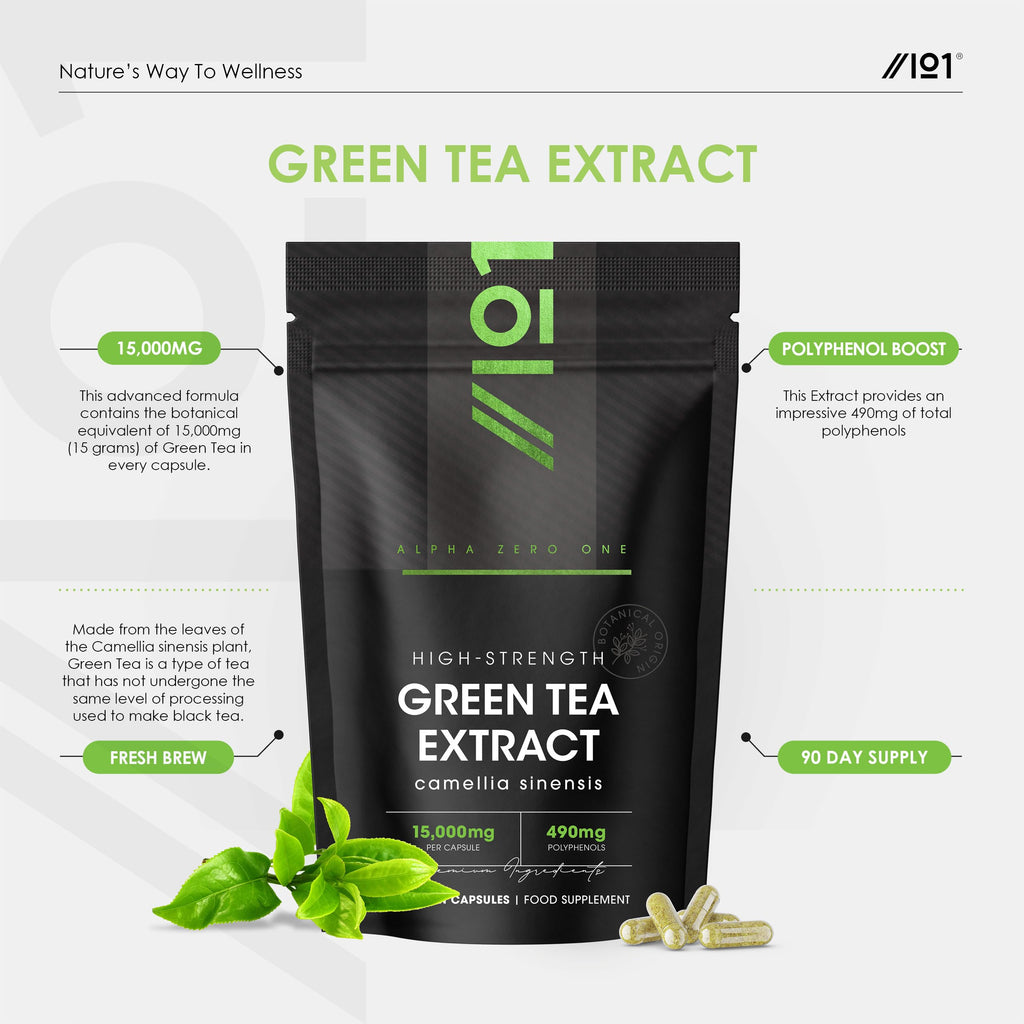 Green Tea Extract 15,000mg – 95% Polyphenols – 50% EGCG – 90 Vegan Capsules - Resealable and Recyclable Pouch by Alpha01
