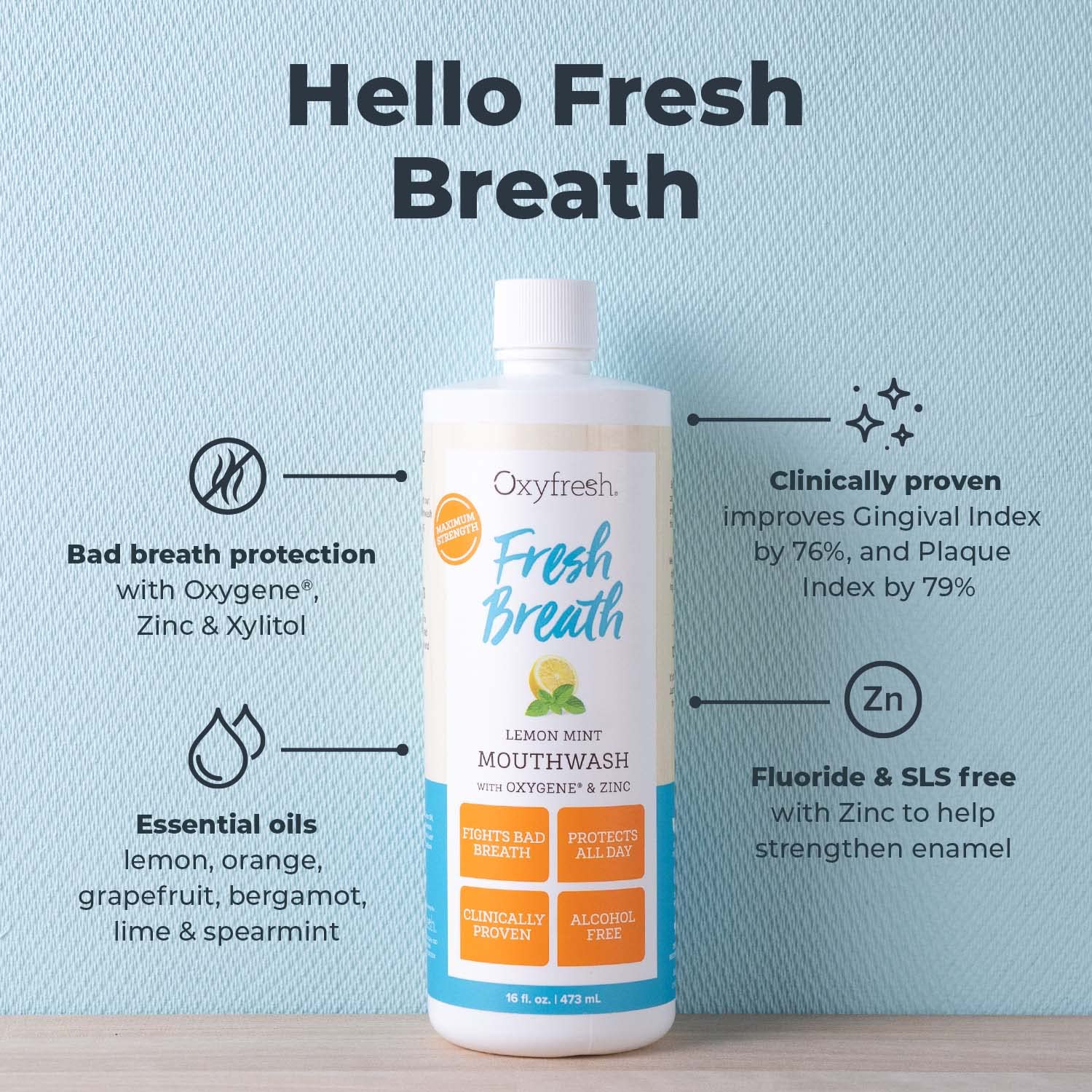 Oxyfresh Lemon Mint Fresh Breath Mouthwash – Bad Breath Treatment – SLS & Fluoride Free – Alcohol Free, Gentle Nonburning with Xylitol & Essential Oils – 16 Fl Oz (Pack of 3)