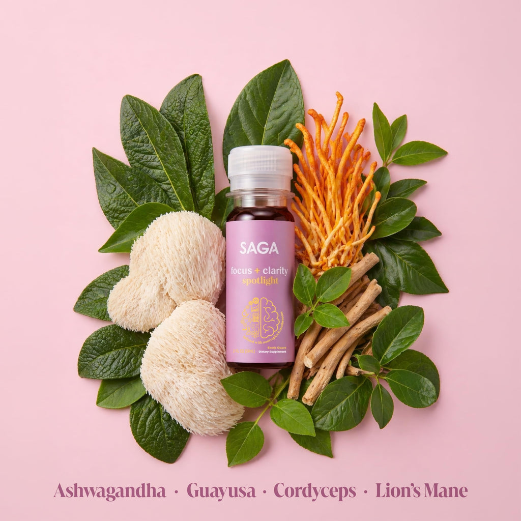 SAGA Spotlight Organic Focus Shots | Nootropic Shots with Bacopa, Ashwagandha & Lion’s Mane | Zero Sugar, 2 Calories, Travel Size | Natural Energy & Focus Supplement for Brain Boost | Exotic Guava