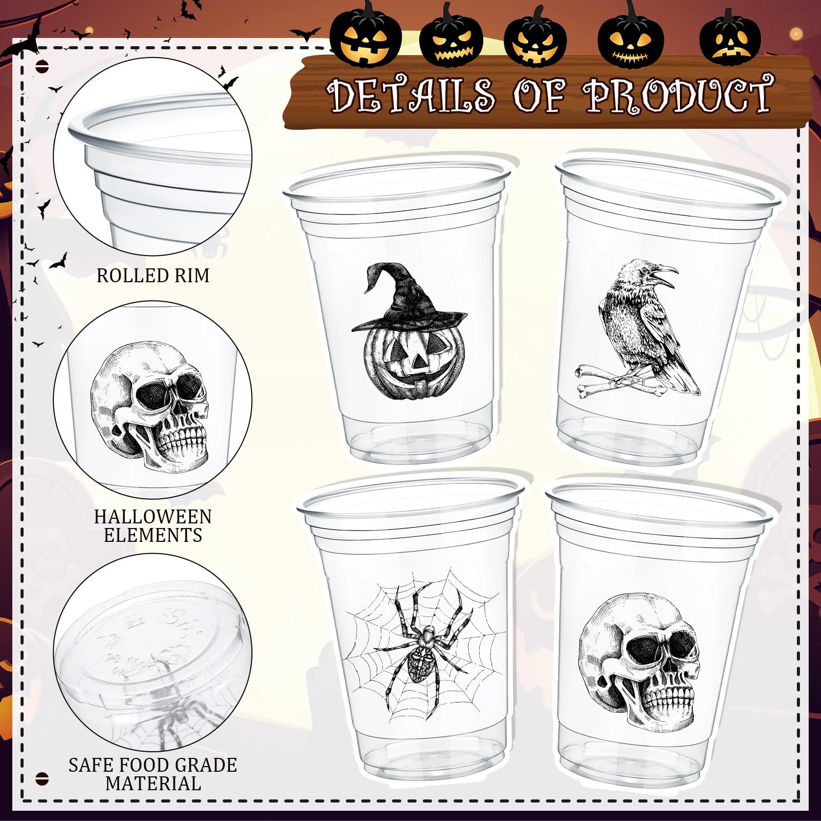 Teenyyou 100 pcs 16 oz Halloween Plastic Cups Disposable Halloween Clear Skull Pumpkin Spider Party Cups for Cold Drinks Candies Fruits and Party Supplies Decorations (Skull)