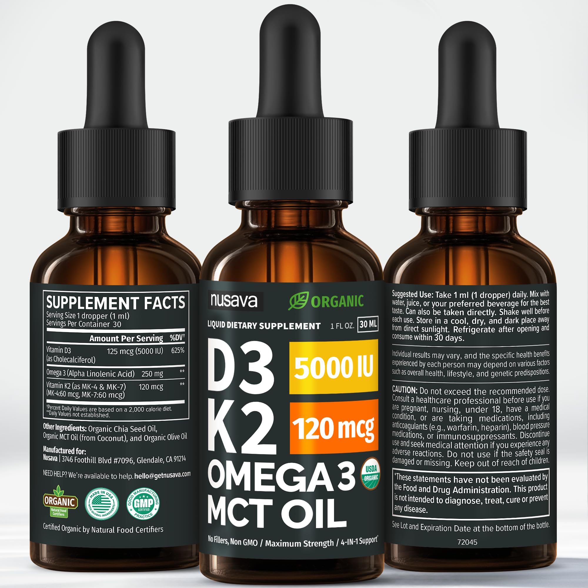 (4 Pack) Organic Vitamin D3 K2 Drops with MCT Oil & Omega 3 - Liquid Vitamin D3 5000 IU - K2 D3 Vitamin Supplement - Vitamin D Drops for Women & Men - No Fillers, Non-GMO, GMP, Unflavored (4 Fl Oz)