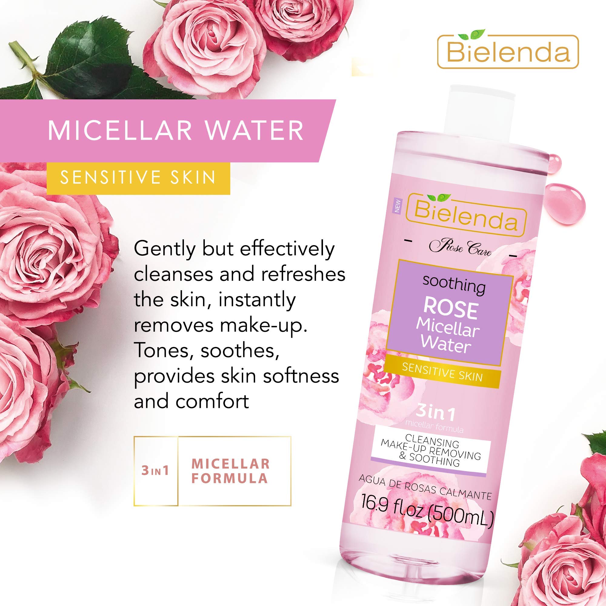 ROSE CARE Eau de Rose 3 in1 D233;maquillant Apaisant pour le Nettoyage de la Peau Sensible Effet Tonifiant Anti226;ge Acide Hya...