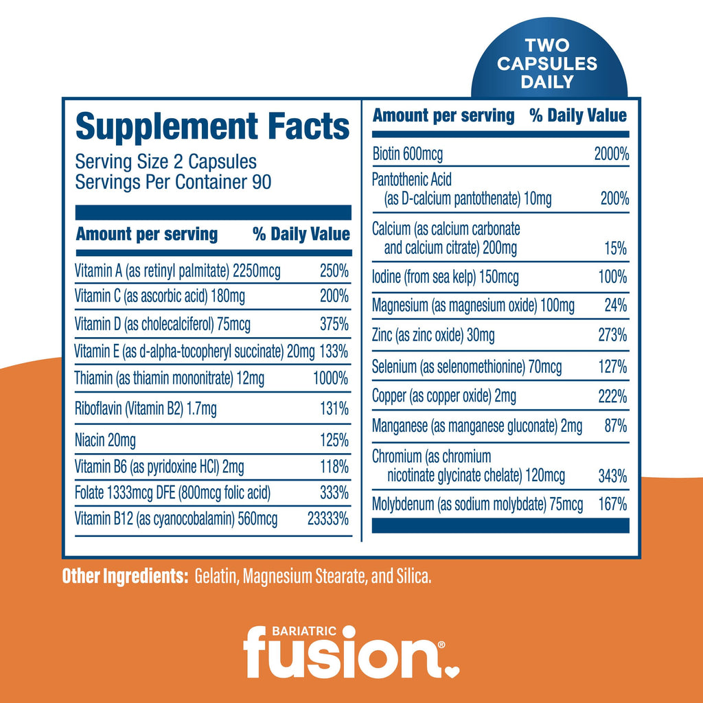 Bariatric Fusion Bariatric Multivitamin Without Iron | Post Bariatric Surgery Patients | Iron Free Bariatric Vitamin for Gastric Bypass and Sleeve Gastrectomy | 180 Capsules | 3 Month Supply