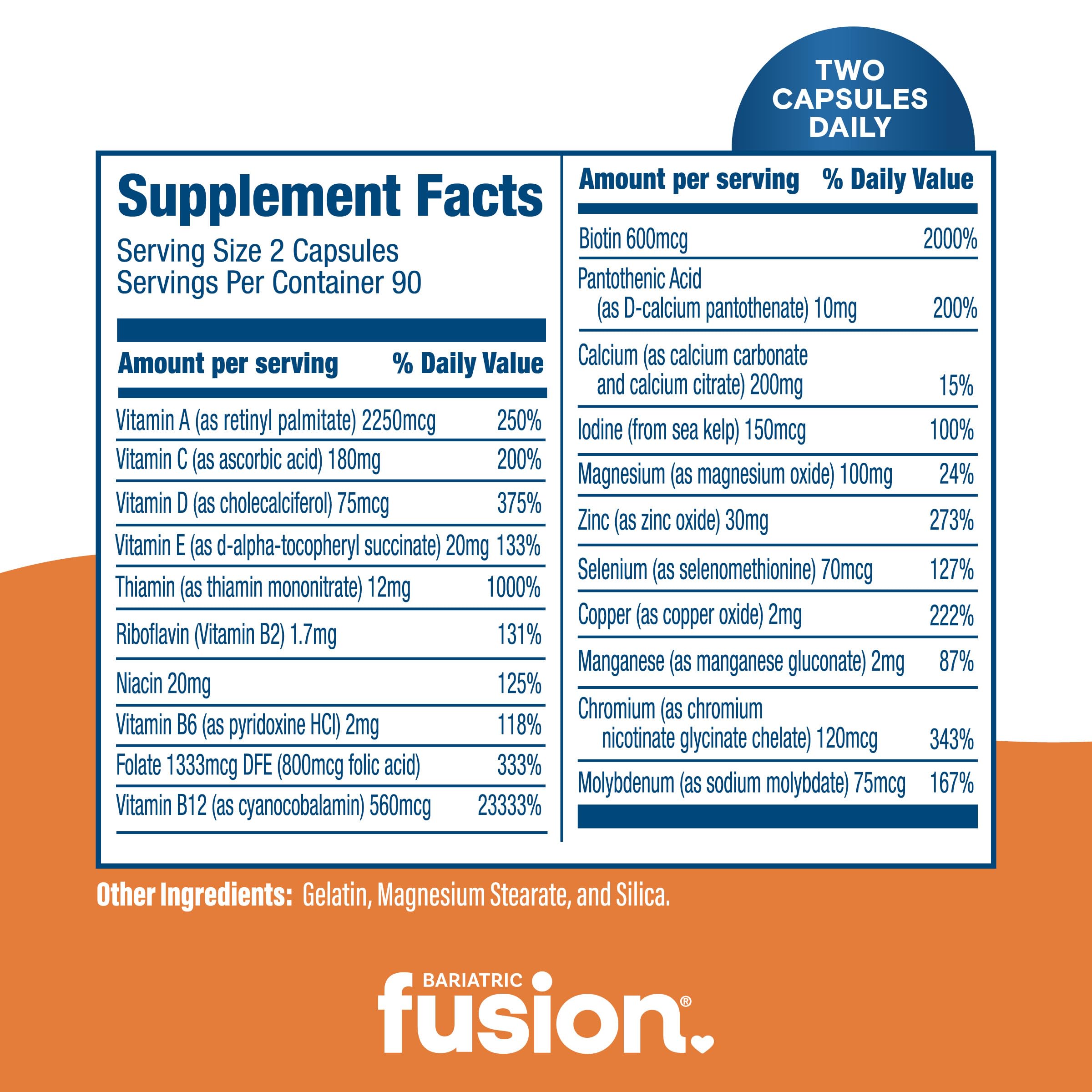 Bariatric Fusion Bariatric Multivitamin Without Iron | Post Bariatric Surgery Patients | Iron Free Bariatric Vitamin for Gastric Bypass and Sleeve Gastrectomy | 180 Capsules | 3 Month Supply