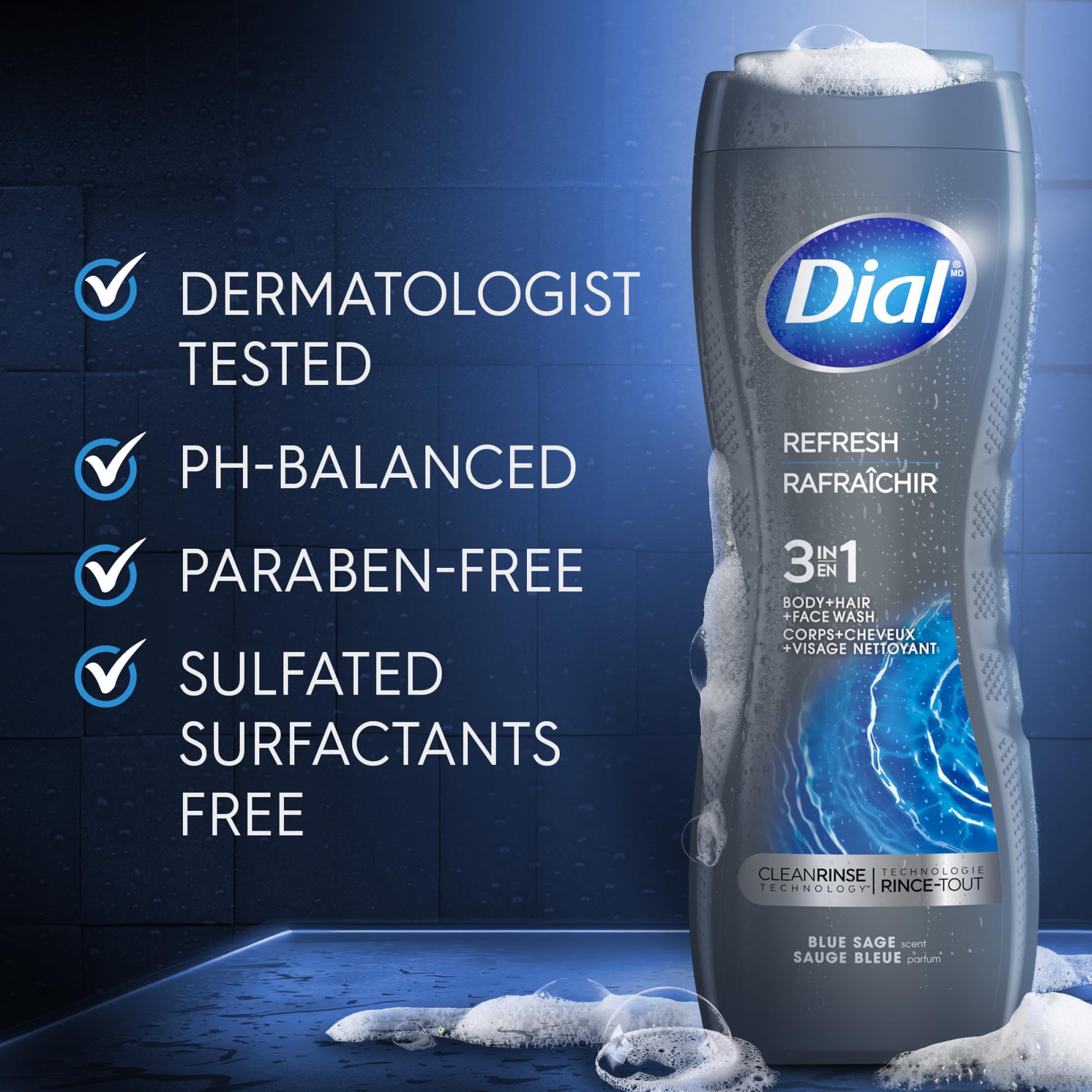 Dial Men 3 in 1 Body, Hair and Face Wash, Refresh, 16 Fl Oz, Pack of 6, Blue Sage Scent, Cleanses Deep + Gentle on Skin with Clean Rinse Technology