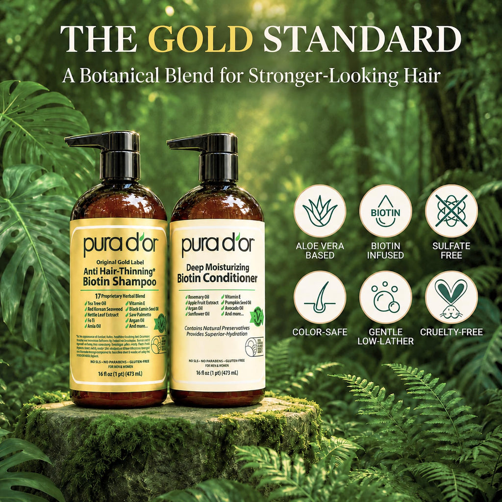 PURA D'OR Anti-Thinning Biotin Shampoo & Hair Regrowth Conditioner, CLINICALLY TESTED Effective Results, Thickening Herbal Blend For Women & Men, Original Gold Label Set, Natural Earthy Scent, 16oz x2