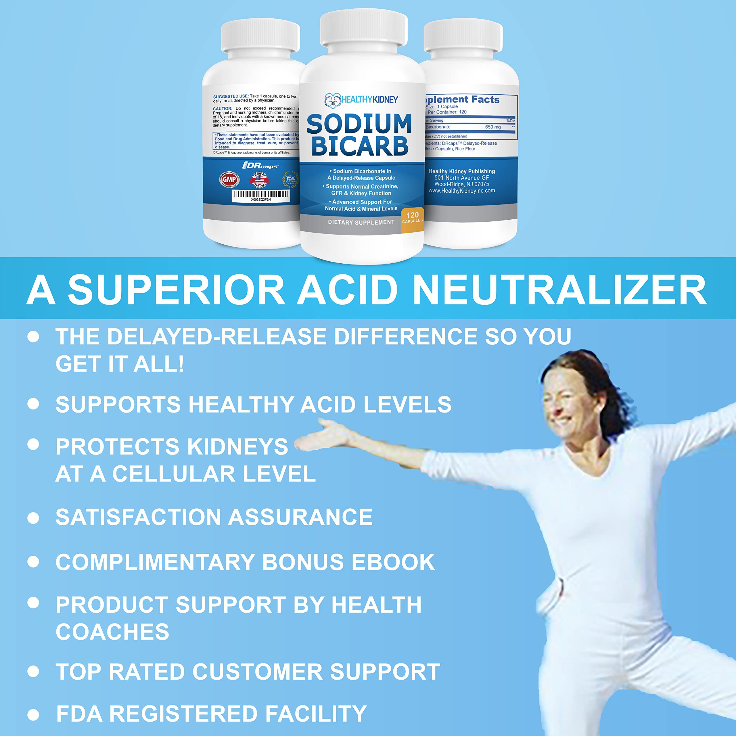 Sodium Bicarbonate 650mg Capsules Delayed Release for Supporting Normal Kidney Function & Kidney Health Supplement. Sodium Bicarbonate Designed for Kidney Support, Acid Relief, Alkalinity 120 Pills