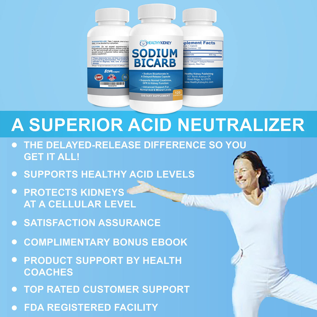 Sodium Bicarbonate 650mg Capsules Delayed Release for Supporting Normal Kidney Function & Kidney Supplement. Sodium Bicarbonate for Acid Relief, Alkalinity 120 Pills 2-Pack