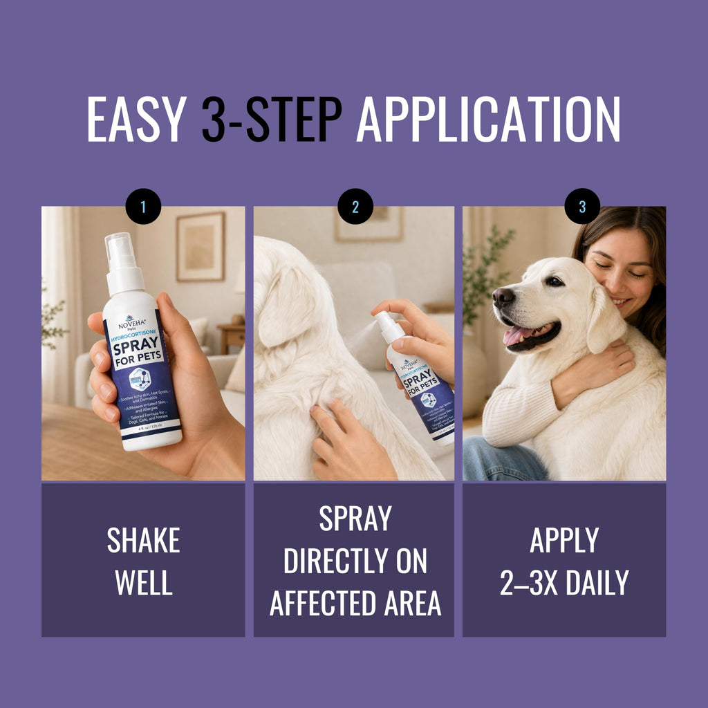 NOVEHA 1% Hydrocortisone Spray for Dogs, Cats, Horses – Hot Spot Treatment & Itch Relief for Pets – Advanced Formula Soothes Itch, Hot Spots, Dermatitis, Irritated Dry Itchy Skin & Allergies – 120mL