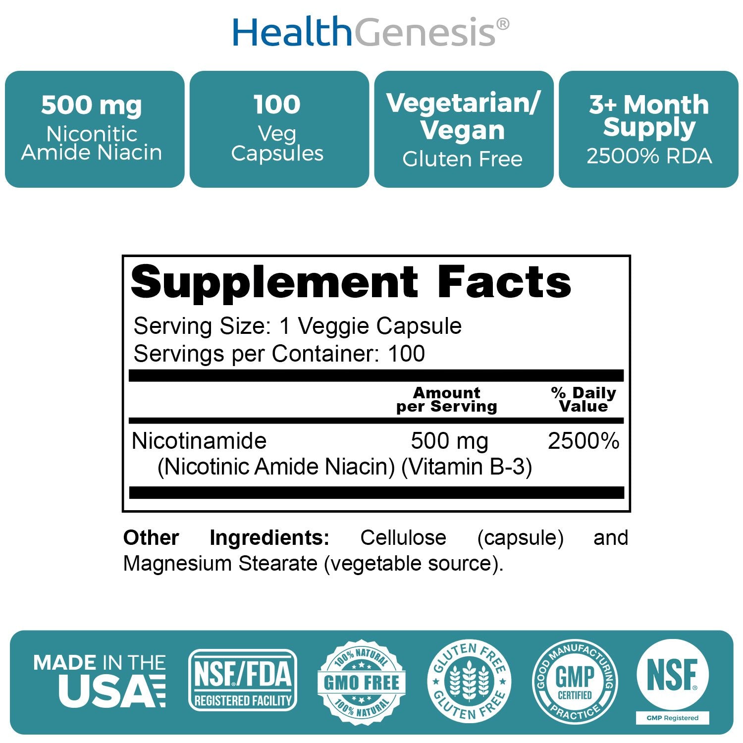 B-3 Nicotinamide 500 mg 100 Vcaps - Nicotinic Amide Niacin Natural Flush-Free Vitamin Formula - Supports Skin Cell Health