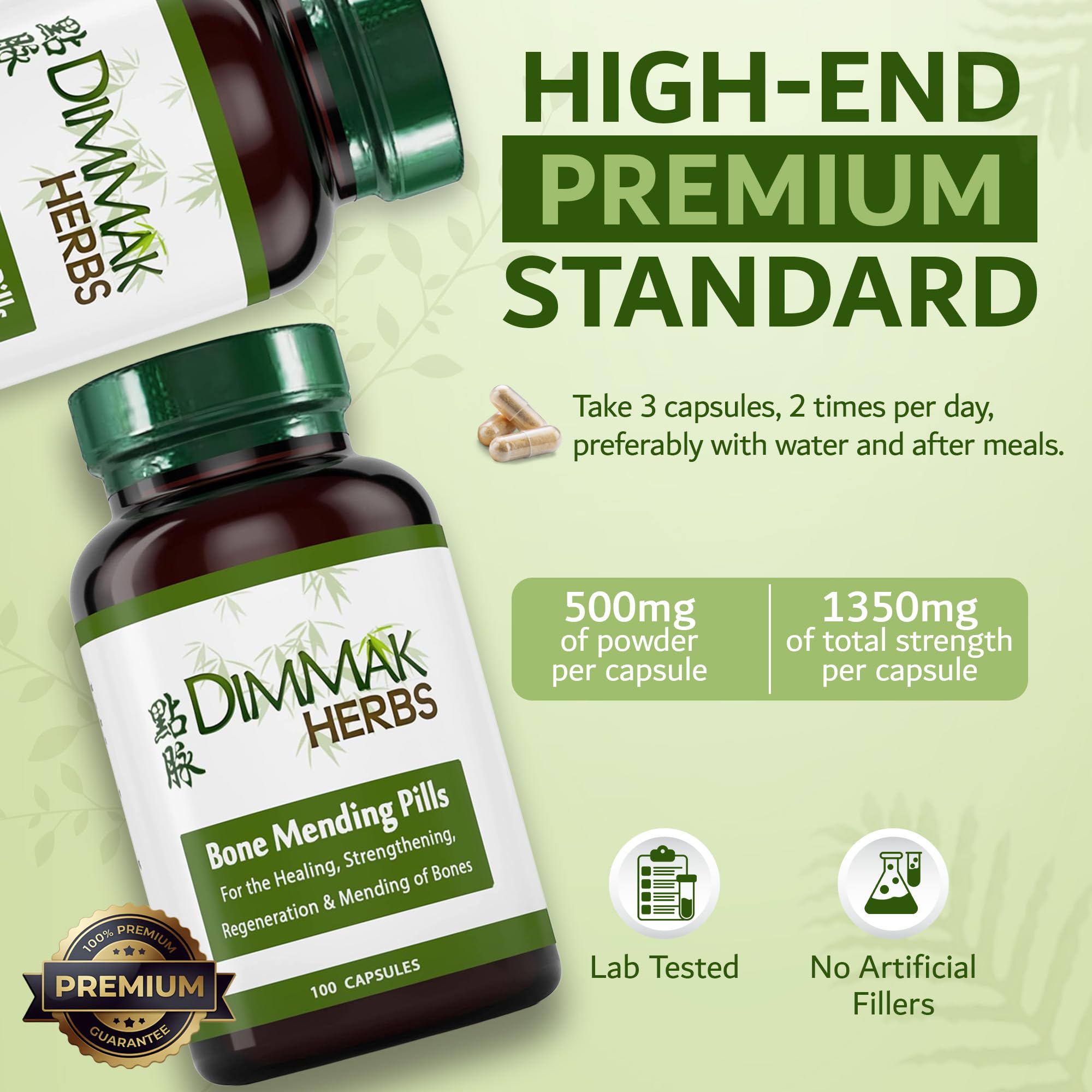 Dimmak Herbs Bone Mending Pills- Rapid Fracture & Broken Bone Healing Supplement- Advanced TCM Formula with Drynaria- Stress Fracture & Osteoblast Support- Organic- 500mg 100 Capsules