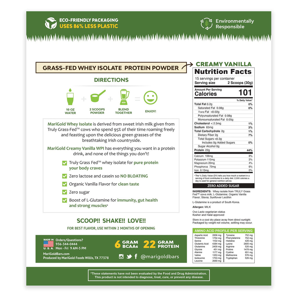 MariGold Grass-fed Whey Protein Isolate Powder - Creamy Vanilla Flavor - 1 Lb Bag | 100% Pure, Cold-Processed, Micro-Filtered, Undenatured, Non-GMO, rBGH Free, Soy Free, Gluten Free, Lactose Free