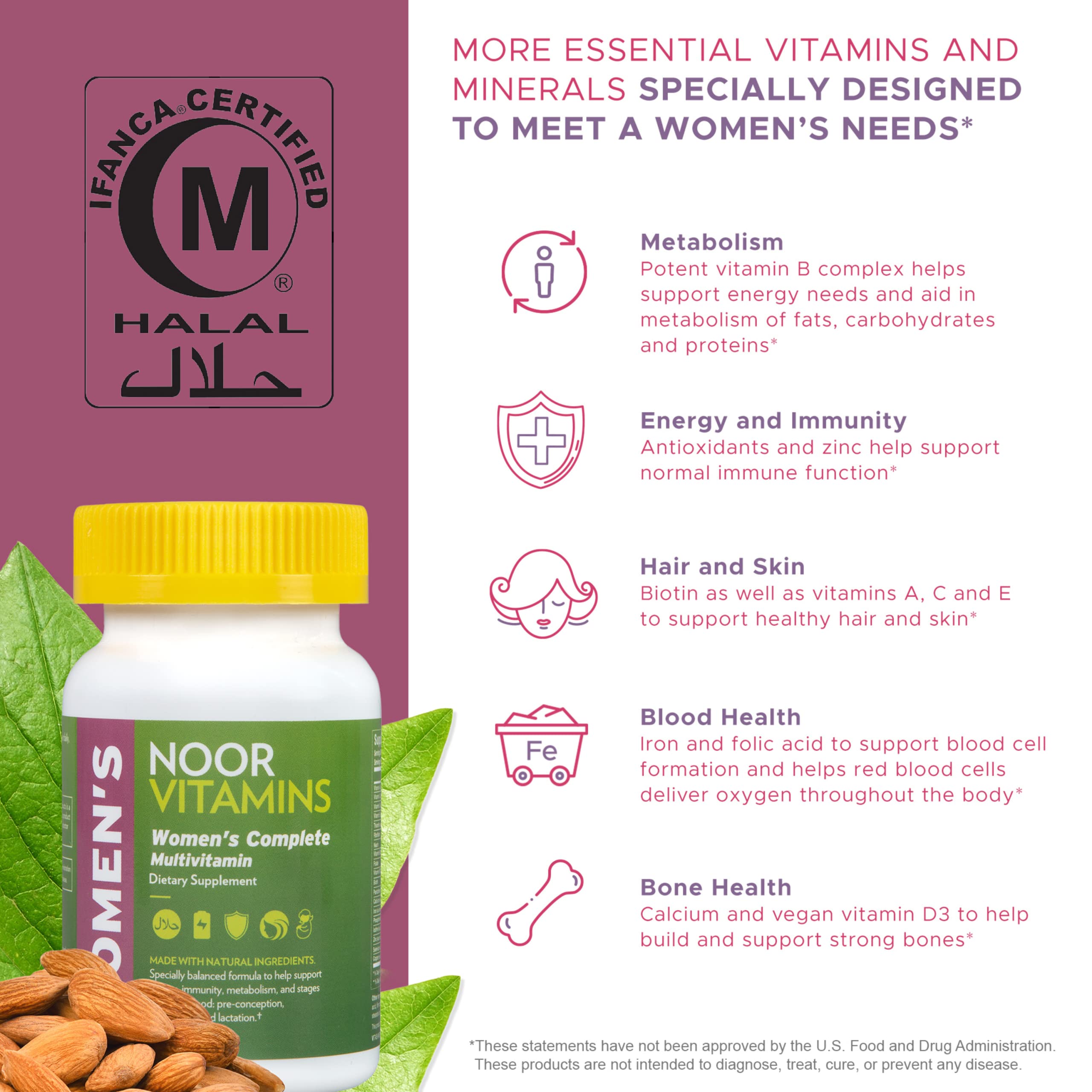 Noor Vitamins Halal Womens Multivitamin & Mineral I Once Daily Vitamin Supplement I Vegan | Supports Energy, Immunity, Metabolism, Healthy Appearance and Stages of Motherhood I 2-Month Supply