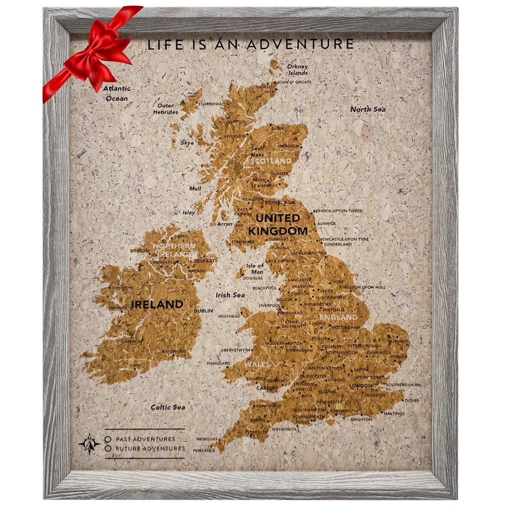 Splosh Travel Map - Desk UK Map Pin Board Grey Cork with Wooden Frame for Desk Personalise and Mark Past & Future Adventures Countries Cities with 100 Pins in 2 Colours the UK & Ireland