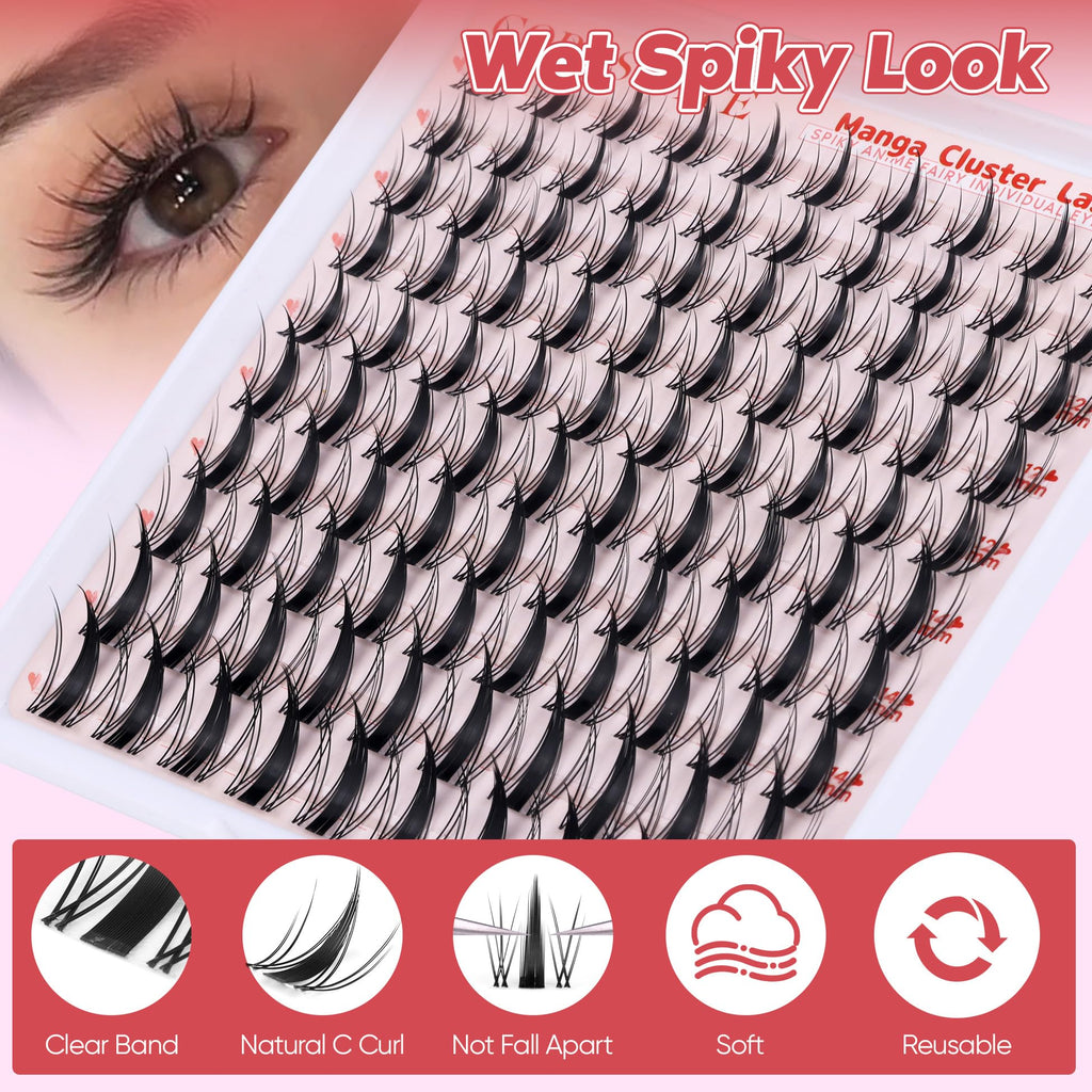 CORUSCATE Cluster Lashes Manga Individual Eyelashes Natural Look Lashes Individual Cluster Anime Spiky Eyelash Clusters 10-16mm DIY Wet Look Lash Extension Japanese Style Manhua Lashes Wispy