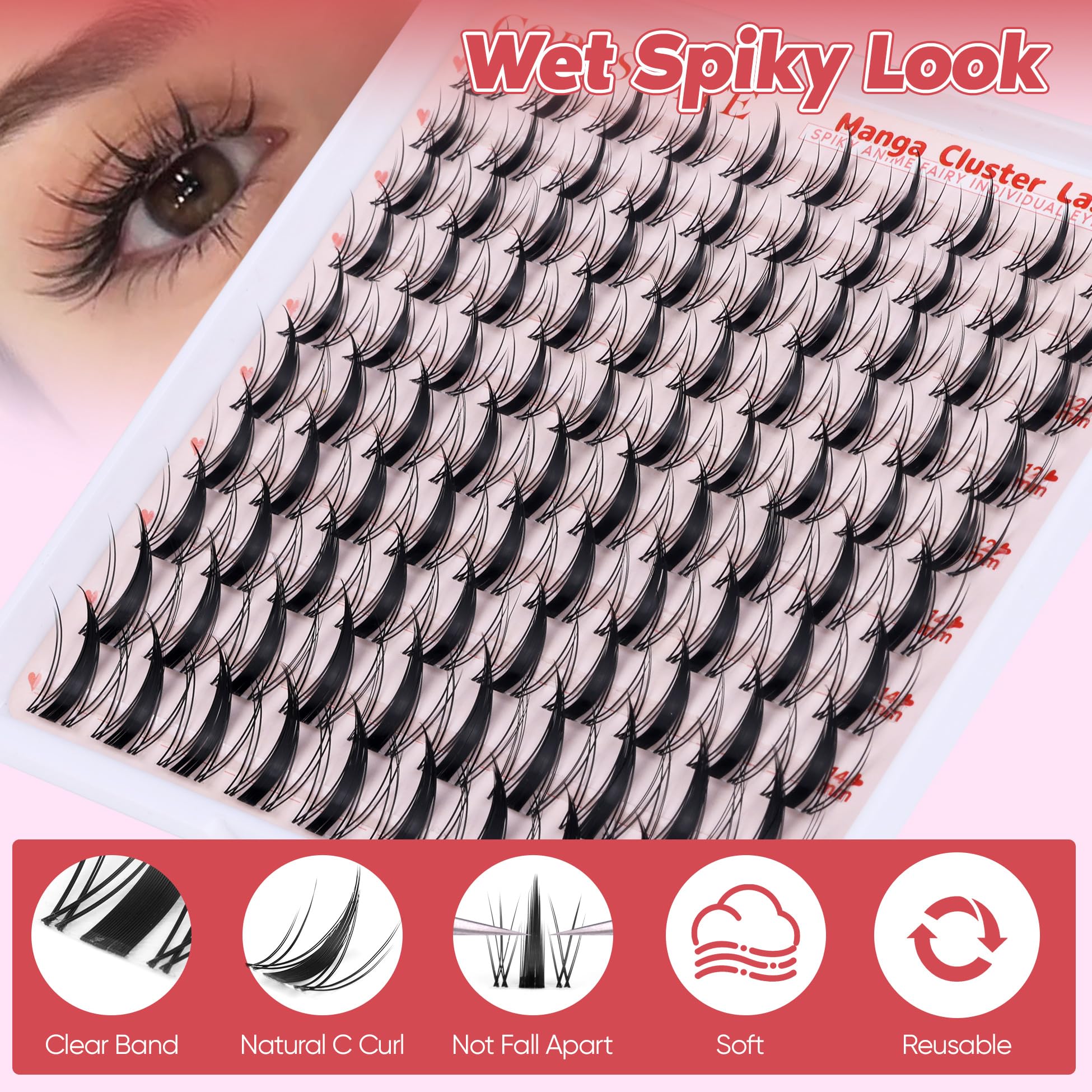 CORUSCATE Cluster Lashes Manga Individual Eyelashes Natural Look Lashes Individual Cluster Anime Spiky Eyelash Clusters 10-16mm DIY Wet Look Lash Extension Japanese Style Manhua Lashes Wispy