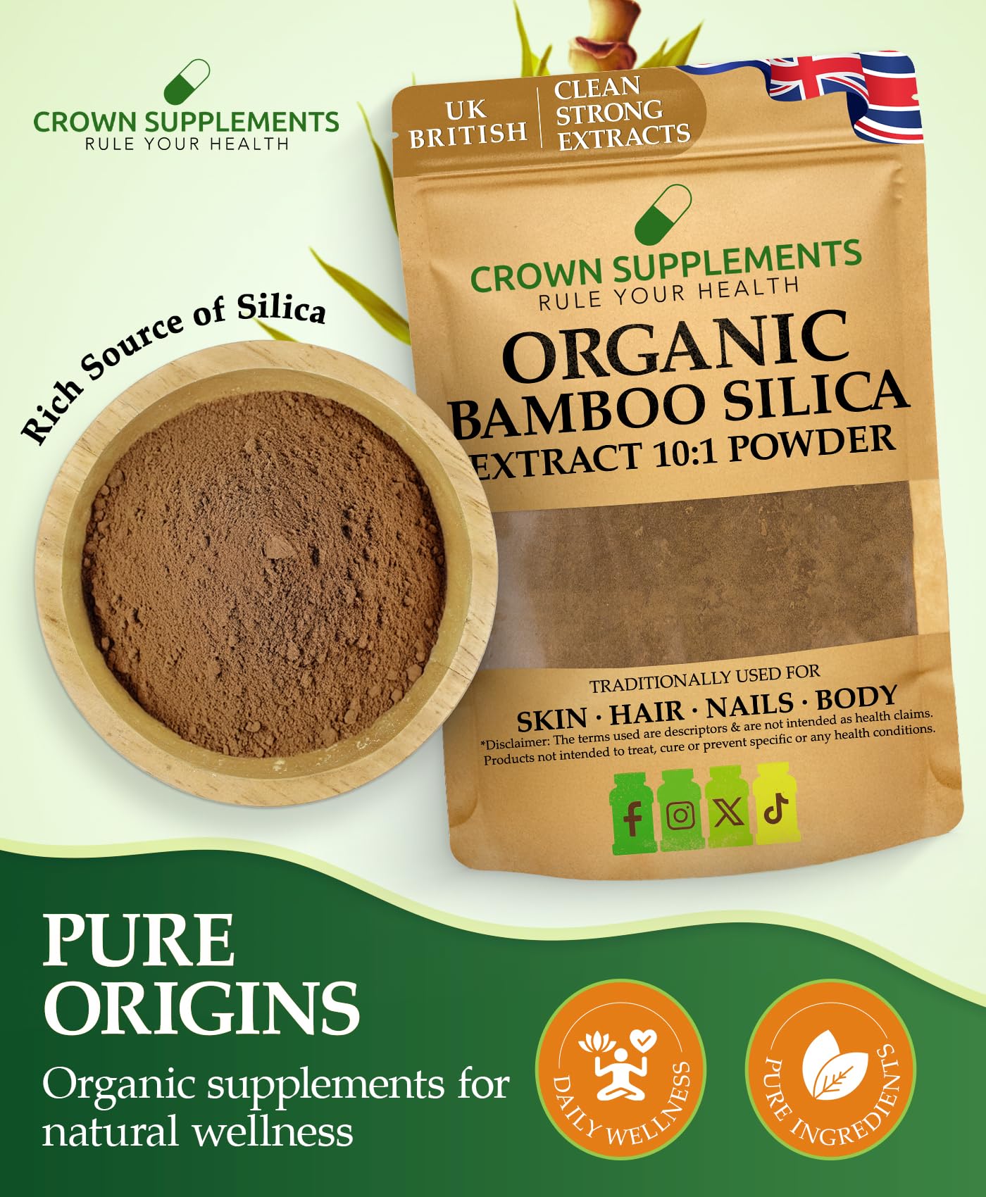 Organic Silica Extract 10:1| High Strength Naturally Sourced Silica Supplement | for Skin Health and Mobility | Vegan Capsules | from Bamboo Extract | UK Made (100G)
