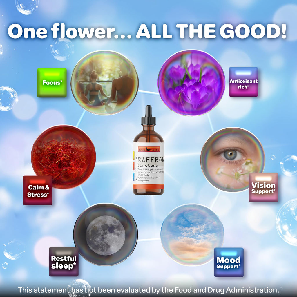 True Nests Saffron Extract Liquid Drops, Alcohol-Free Saffron Tincture, Pure Saffron Extract, Vegan, Non-GMO, 4 oz