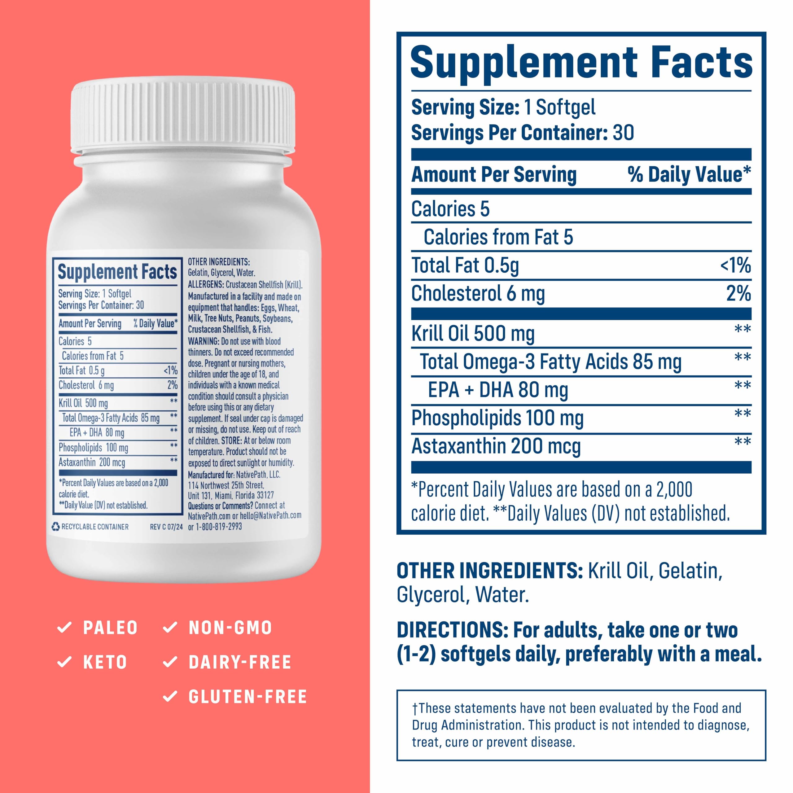 NativePath Wild-Caught Antarctic Krill Oil 500mg - Premium Astaxanthin 200mcg Phospholipid-Bound Omega-3 EPA DHA - Pure Formula GMP Certified Third Party Tested - 30 Softgels