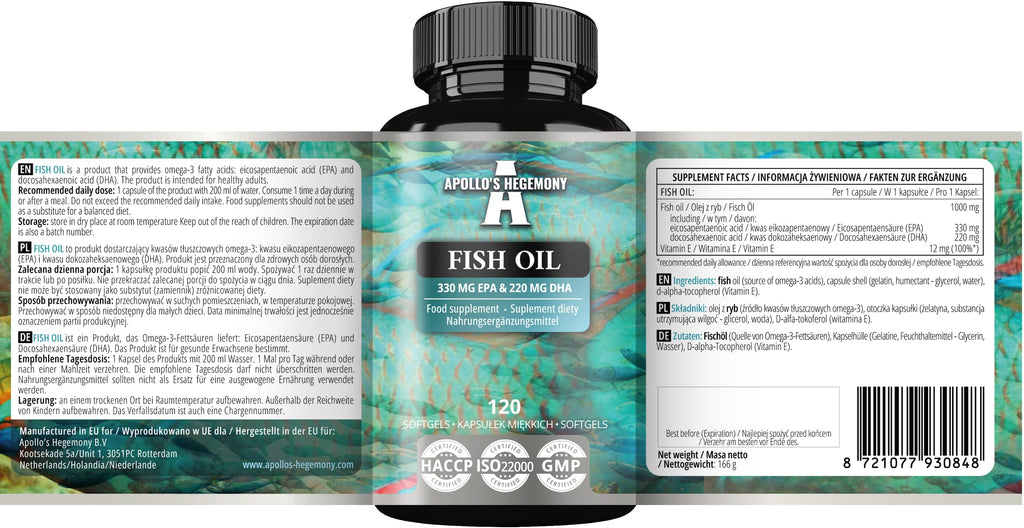APOLLO'S HEGEMONY Fish Oil 1000mg - High Dose Omega 3 with 330mg EPA and 220mg DHA - 120 Softgel Capsules - 4 Months Supply - Unsaturated Fatty Acids (EFAs) - Supports Heart and Brain Health