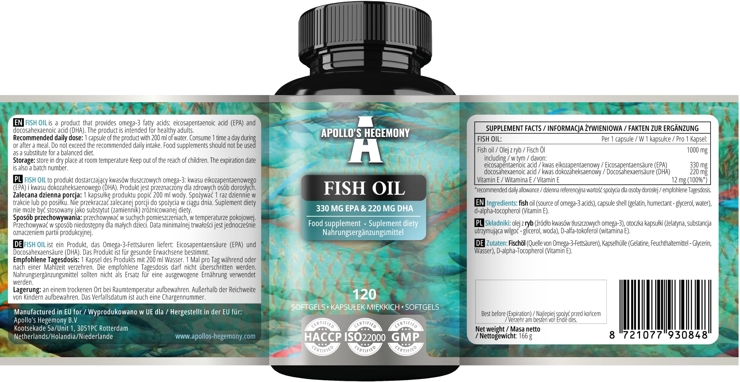 APOLLO'S HEGEMONY Fish Oil 1000mg - High Dose Omega 3 with 330mg EPA and 220mg DHA - 120 Softgel Capsules - 4 Months Supply - Unsaturated Fatty Acids (EFAs) - Supports Heart and Brain Health