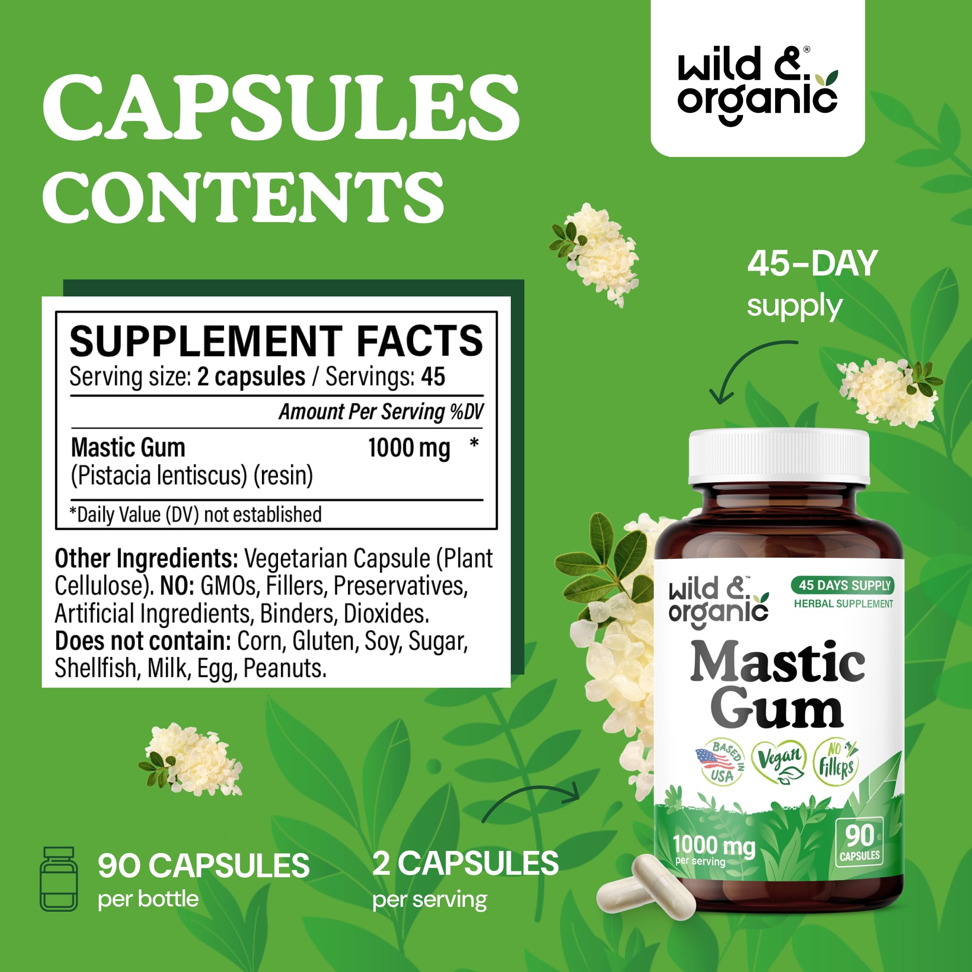 Wild & Organic Mastic Gum Capsules - 1000 mg Mastic Gum Supplement for Gut Support - 45 Days of Supply - 90 Vegan Resin Capsules - No Fillers, Non-GMO, Gluten-Free