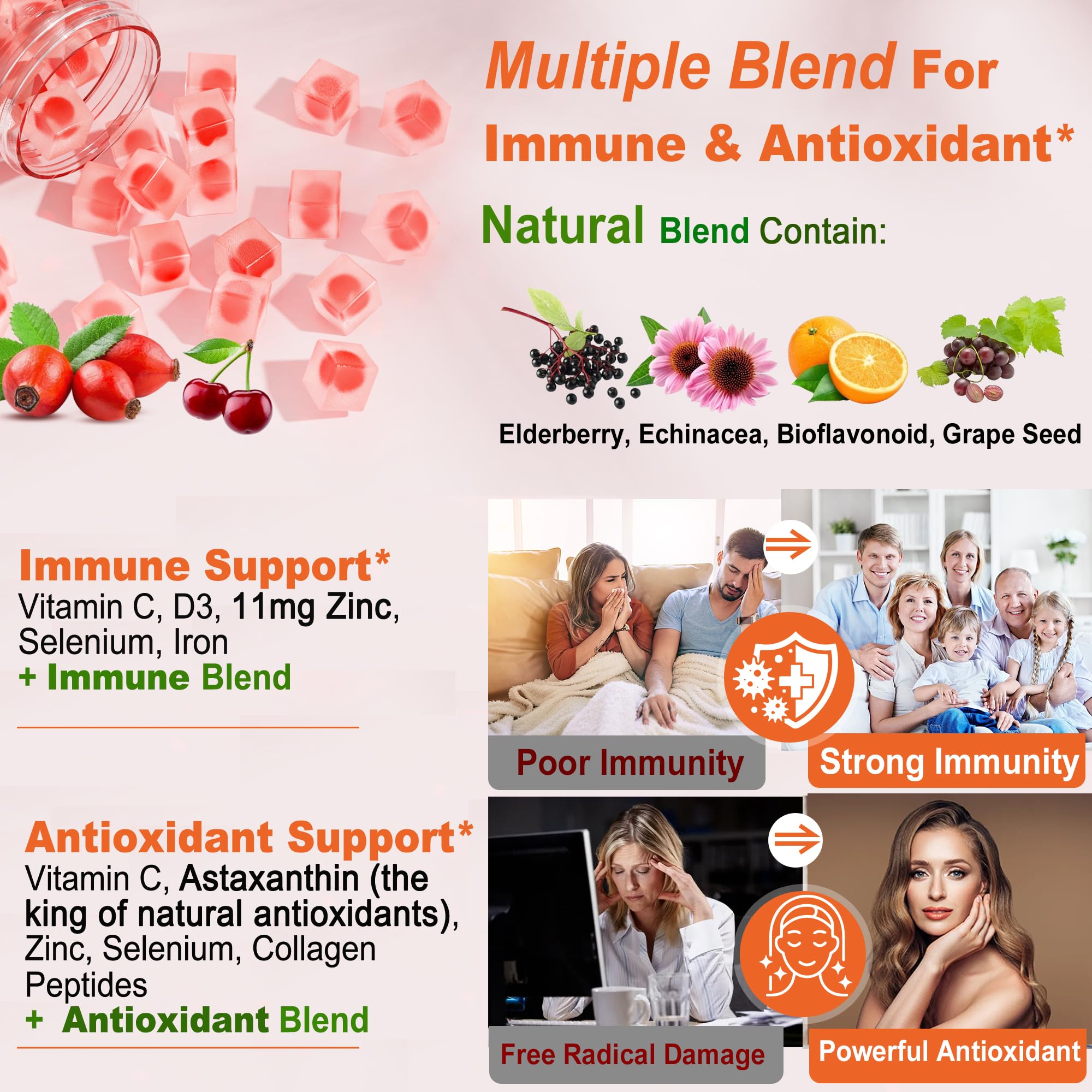 Natural Liposomal Vitamin C 1000mg Gummies for Adults & Kids 9+, Chewable Vitamin C w/ 11mg Zinc, D3, Elderberry, Echinacea, , Bioflavonoid, Immune Support, Whole Food VIT C from Fruits, Sugar Free