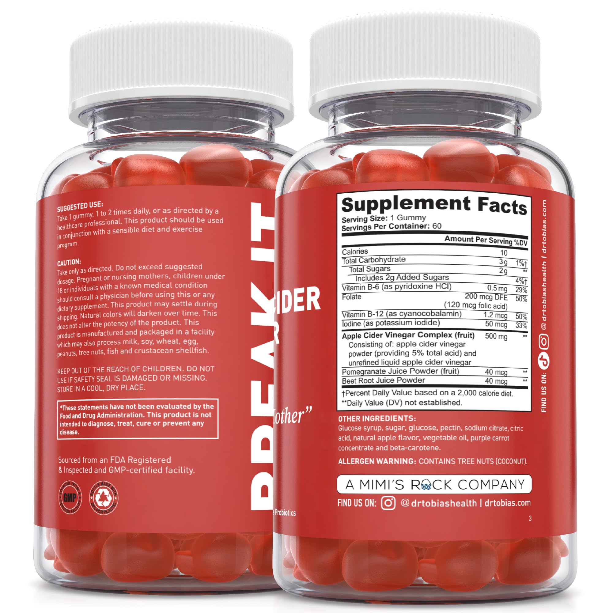 Dr. Tobias Apple Cider Vinegar Gummies with The Mother - 500mg ACV Per Serving, Plus Folate, B6, B12 & Iodine | Supports Digestive Health Gut Cleanse & Detox - Vegan (120 Gummies)