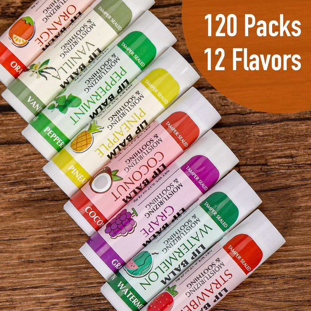 AZEN 120 Pack Lip Balm Bulk, Moisturizing Lip Balms for dry cracked lips, Mothers Day Gifts Easter Basket Stuffers - 12 Flavors