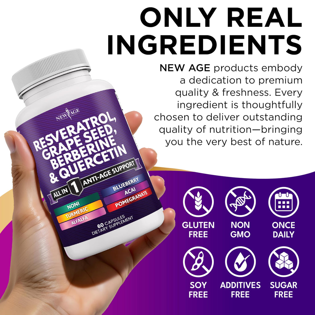 NEW AGE Resveratrol, Berberine, Grape Seed Extract, Quercetin, Supplement for Women and Men with Noni, N-Acetyl Cysteine, Acai - 120 Capsules
