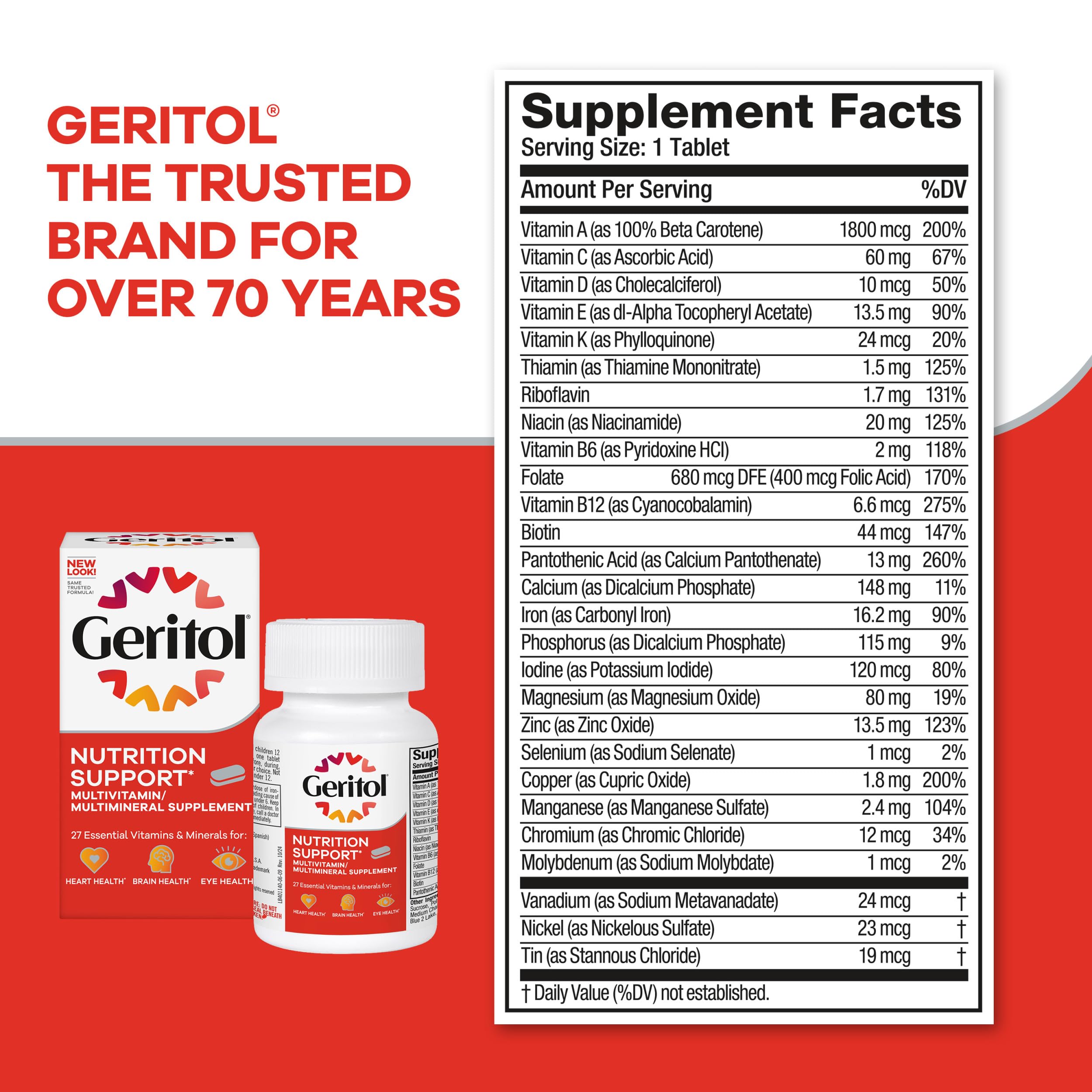 Geritol Multivitamin Supplement, Contains B-Vitamins, Antioxidants, Vitamins C, E & D and Iron, 27 Essential Vitamins and Minerals, Gluten-Free, Non-GMO, No Artificial Sweeteners, 100 Tablets, 3 Pack