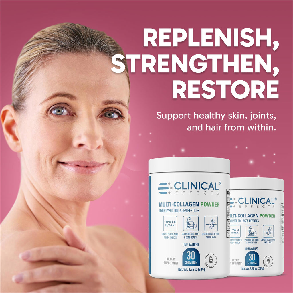 Clinical Effects Multi-Collagen Powder - Collagen Dietary Supplement - 8oz - 30 Servings - 5 Types of Quality-Sourced Multi-Collagen to Support Joint, Bone, Skin and Nail Health - Fast Absorption