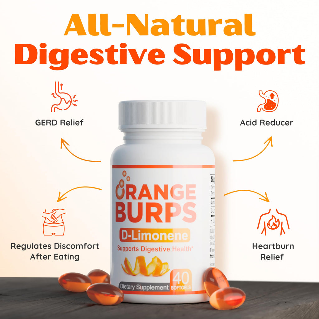 Orange Burps | D-Limonene Supplement - Acid Reducer (Antacid for Acid Reflux), Heartburn Relief, GERD Relief, and Indigestion Relief | Orange Peel Extract for Health and Wellness (1,000 mg, Pack of 2)