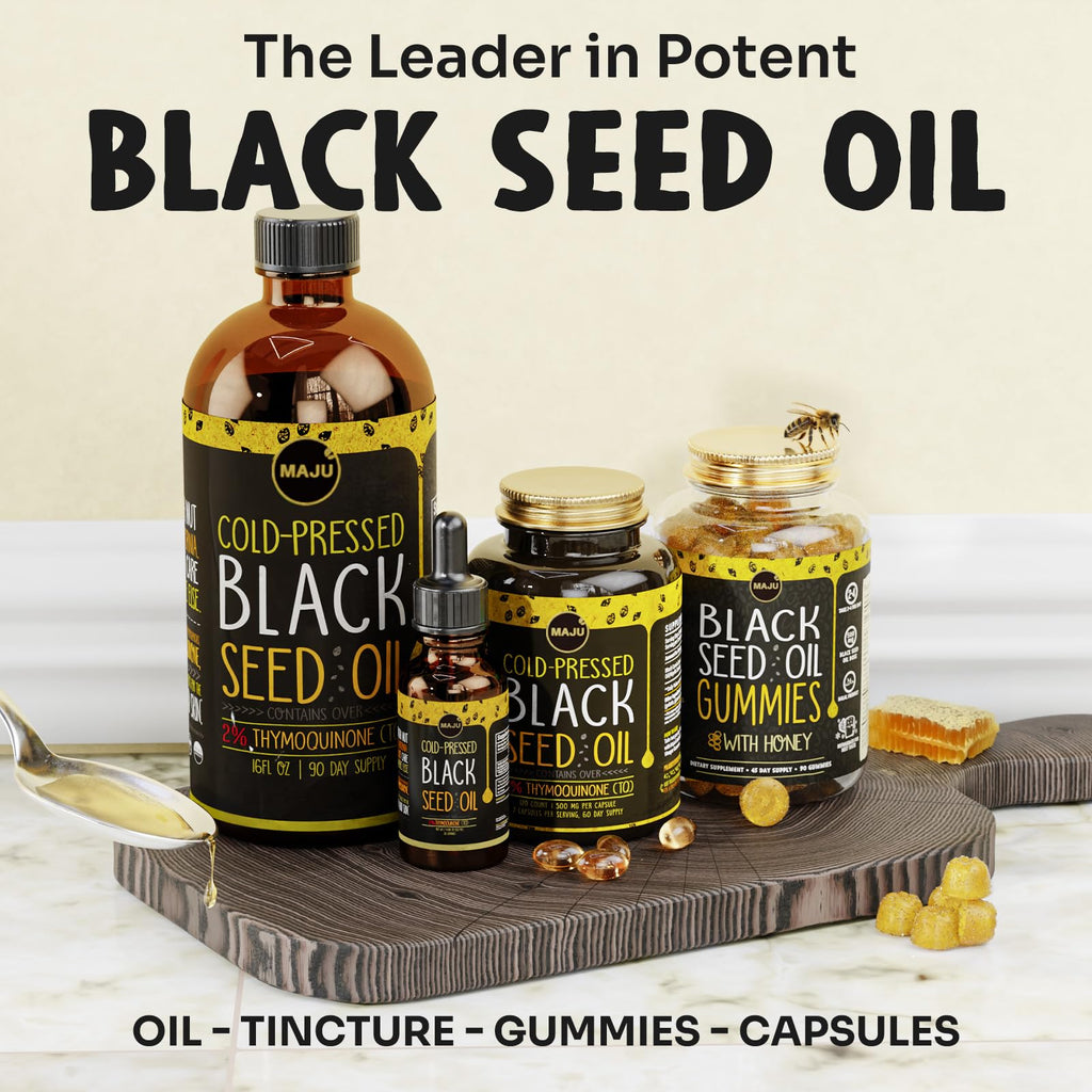 Maju Superfoods Black Seed Oil Capsules - Cold Pressed, 3X Thymoquinone, 100% Turkish Black Cumin Nigella Sativa Seed Oil, Liquid Pure Blackseed 60 Count, 500mg per Capsule