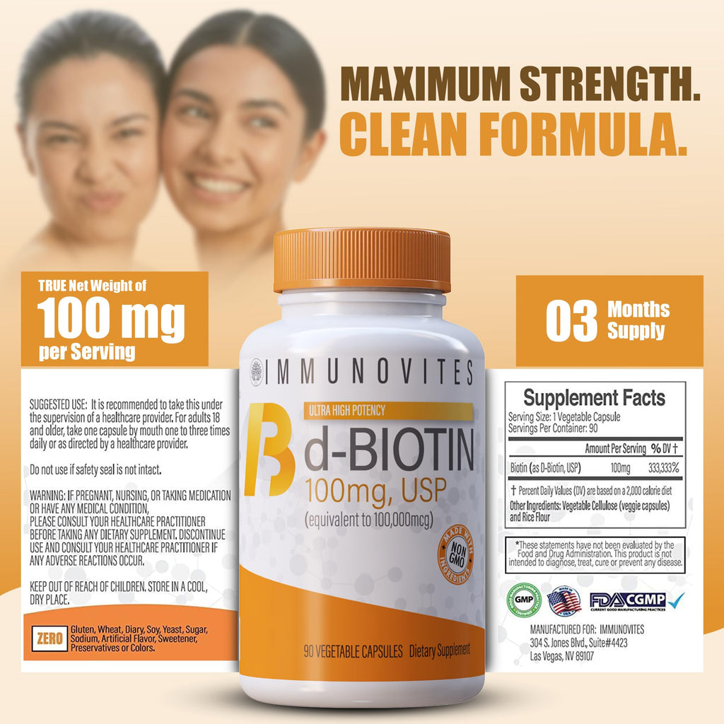 IMMUNOVITES High Dose Biotin (as d-Biotin, USP) 100mg (Equivalent to 100,000mcg) 90 Capsules, High Potency