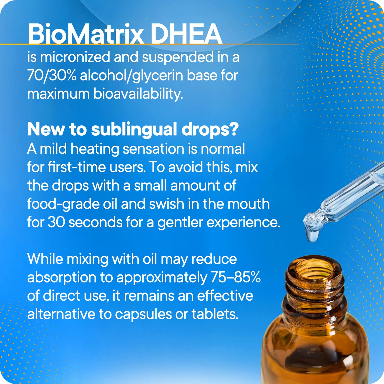 BioMatrix DHEA Liquid Drops – 3X Absorption of Capsules or Tablets – Adjustable Alternative to DHEA 50 mg and DHEA 100 mg – Micronized DHEA Supplement for Men and Women 30 ml, 500 Servings