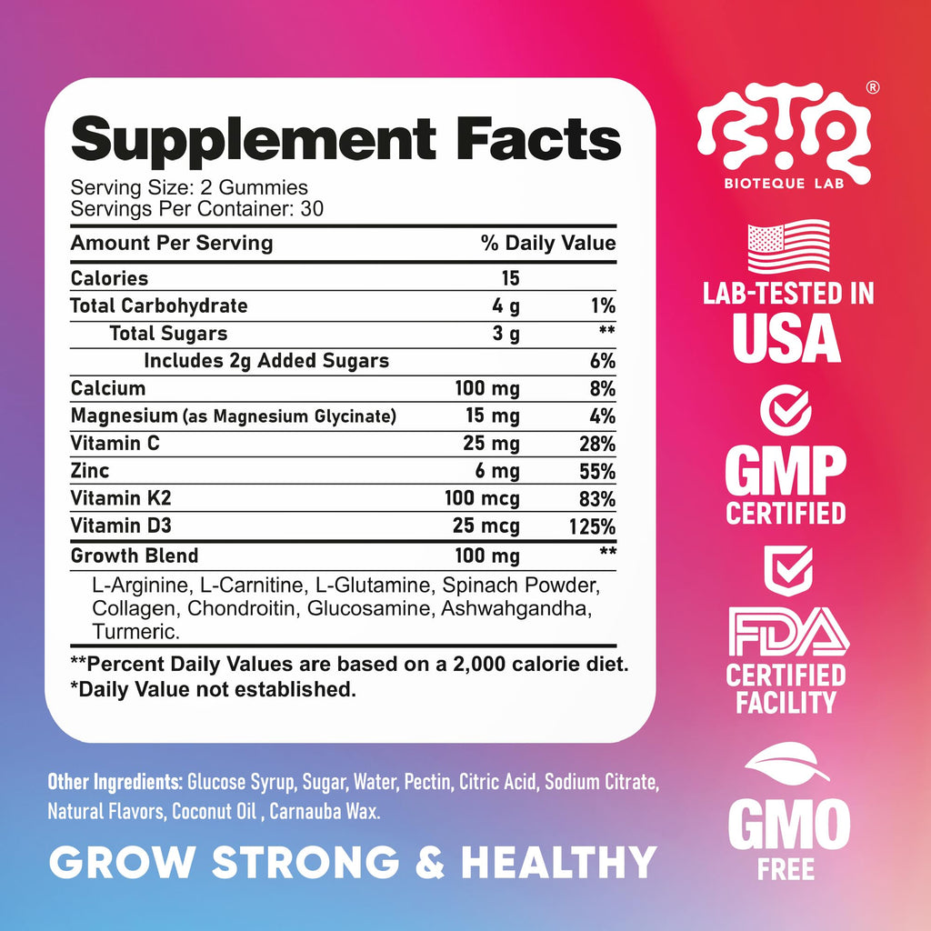 BIOTEQUELAB Height Growth Increase Gummies Vitamins, Grow Tall Supplement, Calcium, Magnesium, Zinc, Ashwagandha, Glucosamine Multivitamin for Teens, Kids, Adults