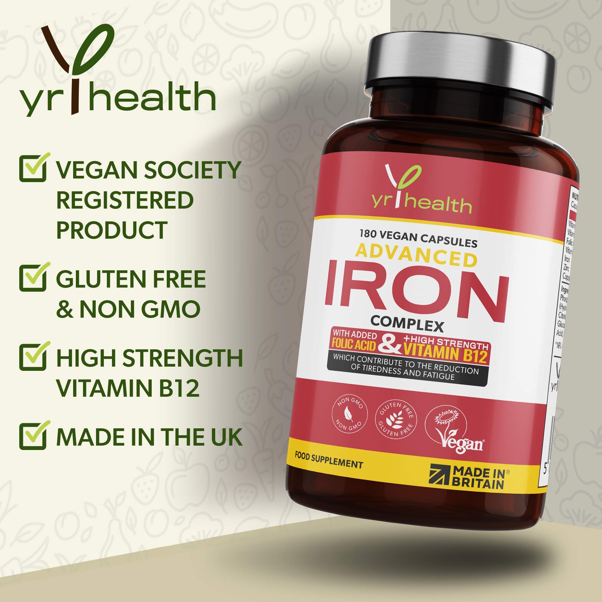 Iron Supplement 20mg - 6 Month Supply Vegan Capsules with B12 & Folic Acid
