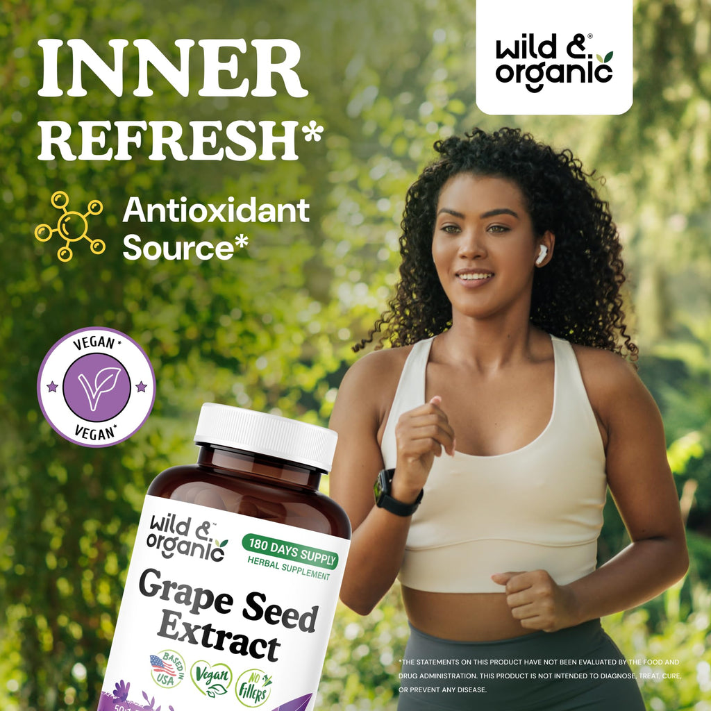 Wild & Organic Grape Seed Extract Capsules - Antioxidant Support - Grapeseed Extract 400 mg - 95% Polyphenols - 180 Vegan Capsules - 6 Month Supply - Non-GMO